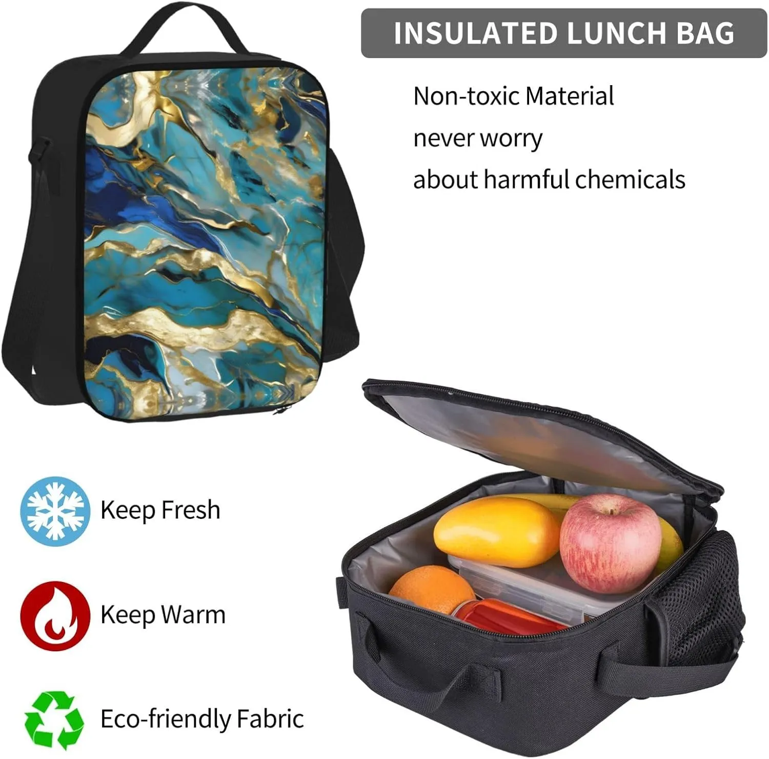 3-In-1 Backpack Bookbag Set,Azurite Teal And Foil Gold Oil Marble Pattern Print Casual Travel Backpacks,With Pencil Case Pouch, Lunch Bag