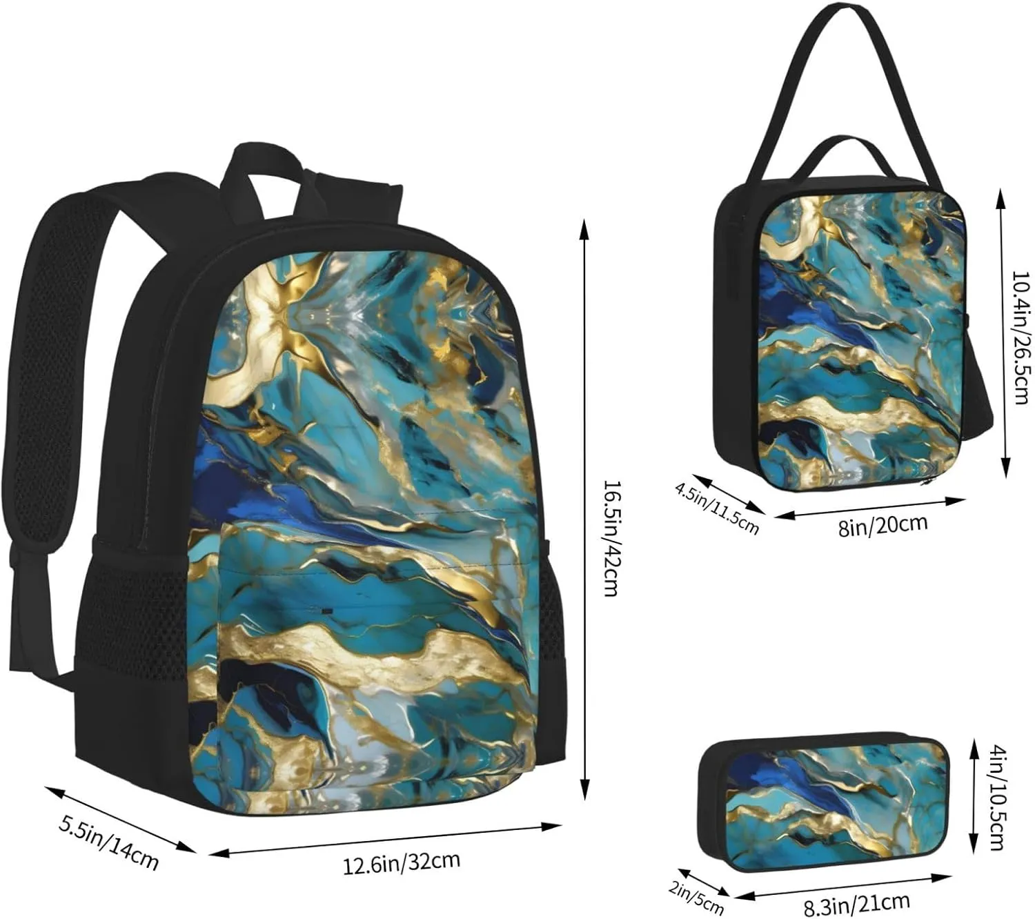 3-In-1 Backpack Bookbag Set,Azurite Teal And Foil Gold Oil Marble Pattern Print Casual Travel Backpacks,With Pencil Case Pouch, Lunch Bag