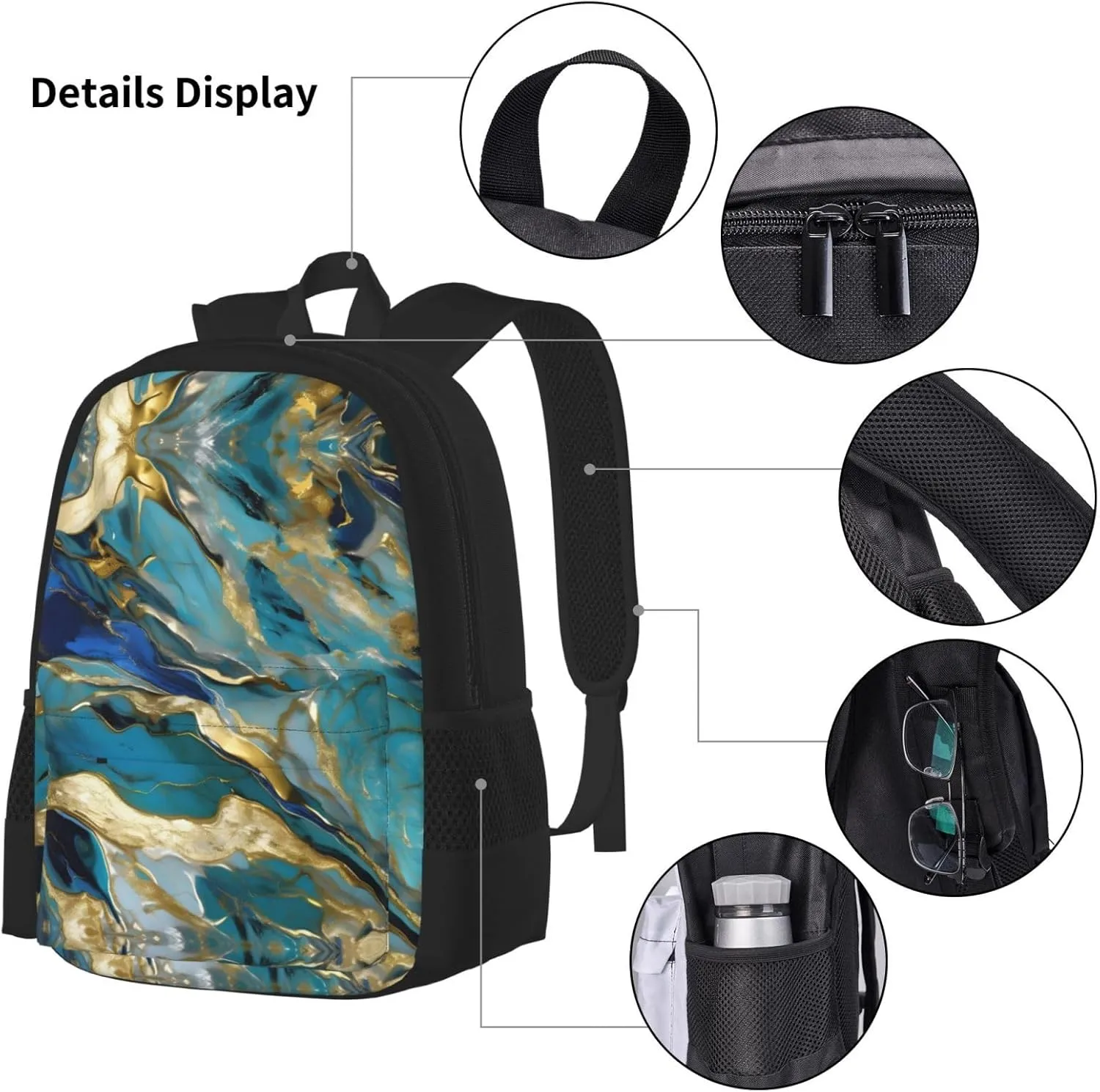 3-In-1 Backpack Bookbag Set,Azurite Teal And Foil Gold Oil Marble Pattern Print Casual Travel Backpacks,With Pencil Case Pouch, Lunch Bag