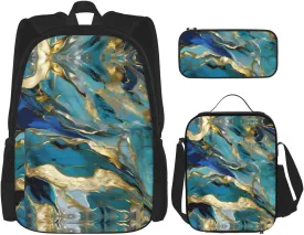 3-In-1 Backpack Bookbag Set,Azurite Teal And Foil Gold Oil Marble Pattern Print Casual Travel Backpacks,With Pencil Case Pouch, Lunch Bag