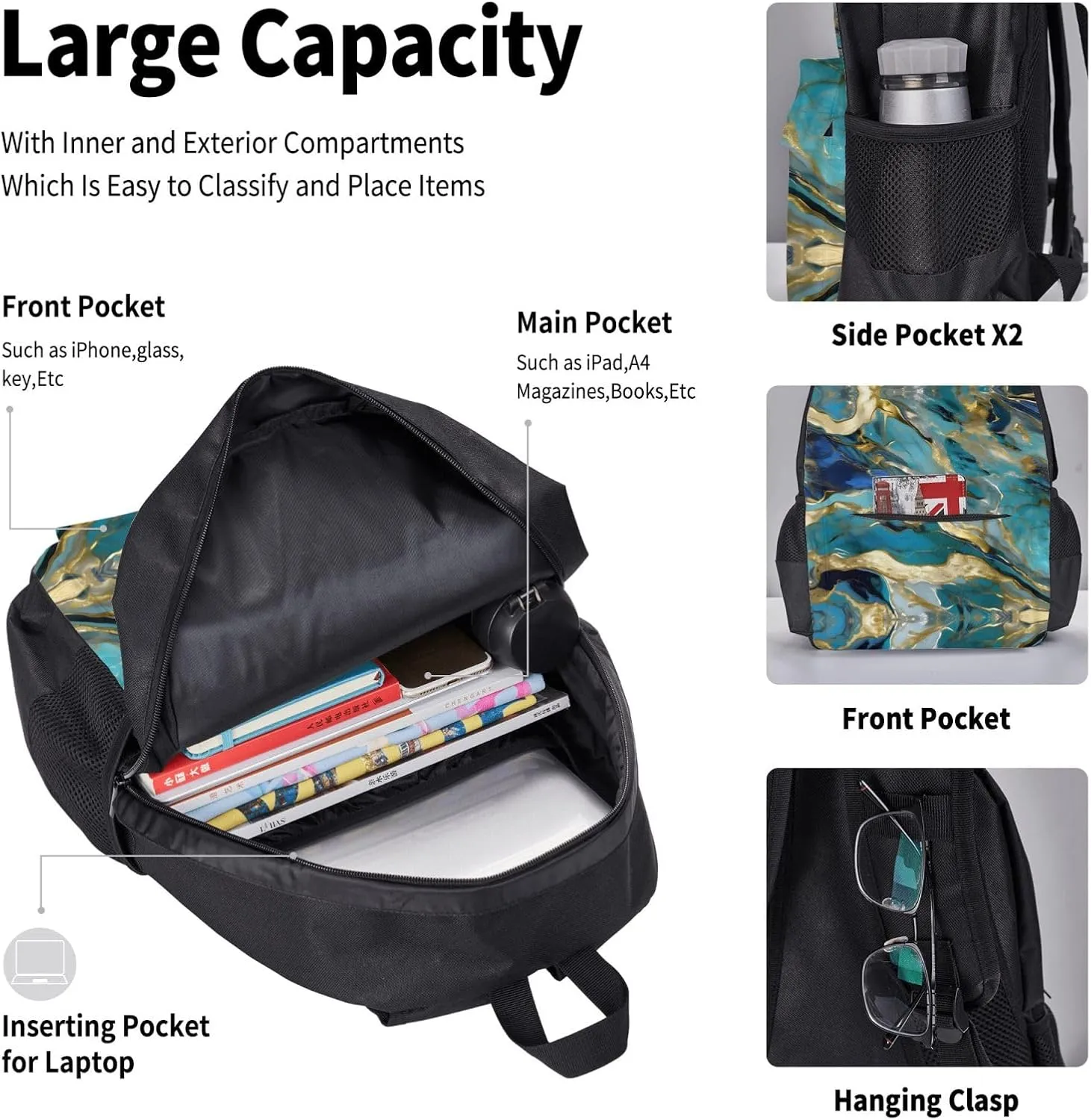 3-In-1 Backpack Bookbag Set,Azurite Teal And Foil Gold Oil Marble Pattern Print Casual Travel Backpacks,With Pencil Case Pouch, Lunch Bag