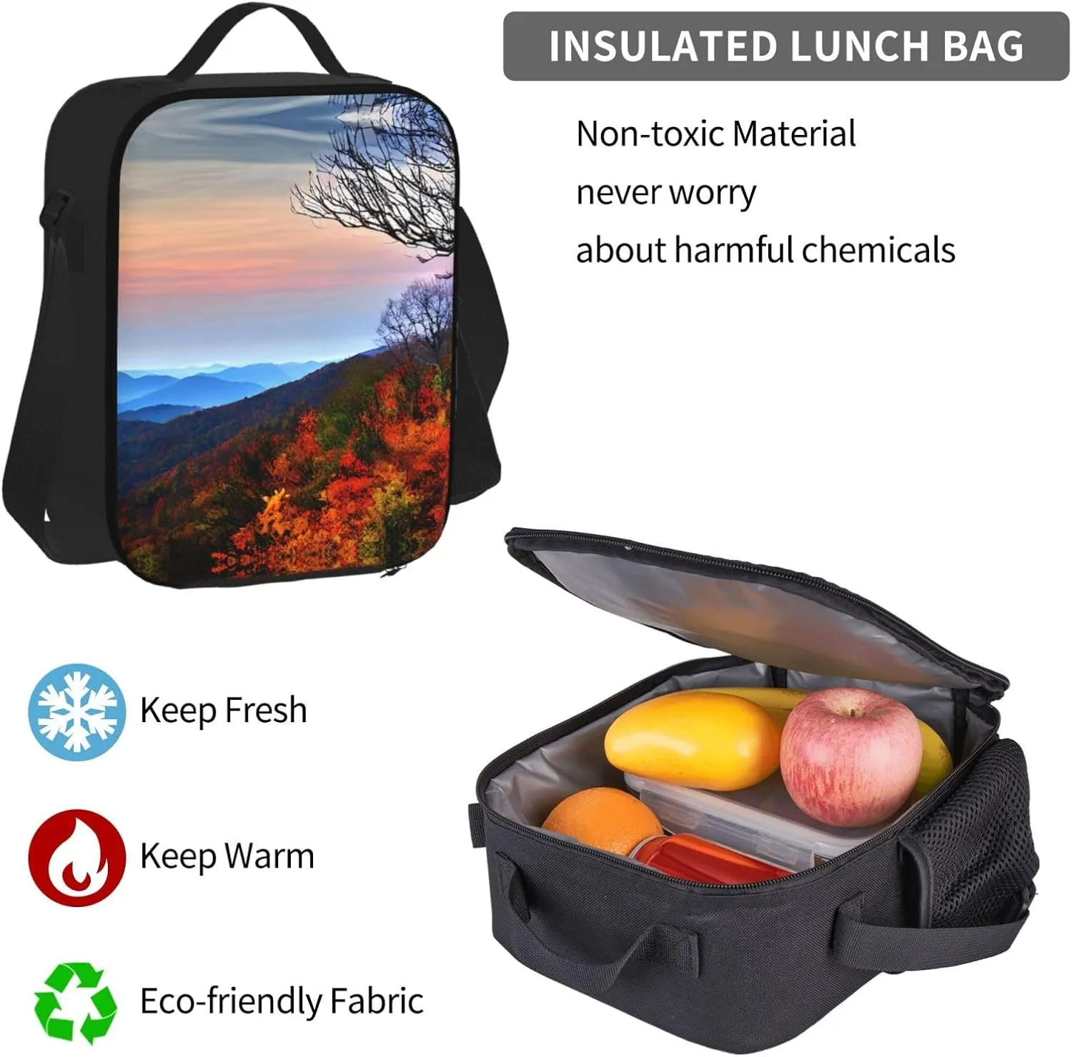 3-In-1 Backpack Bookbag Set,Blue Ridge Mountains Print Casual Travel Backpacks,With Pencil Case Pouch, Lunch Bag
