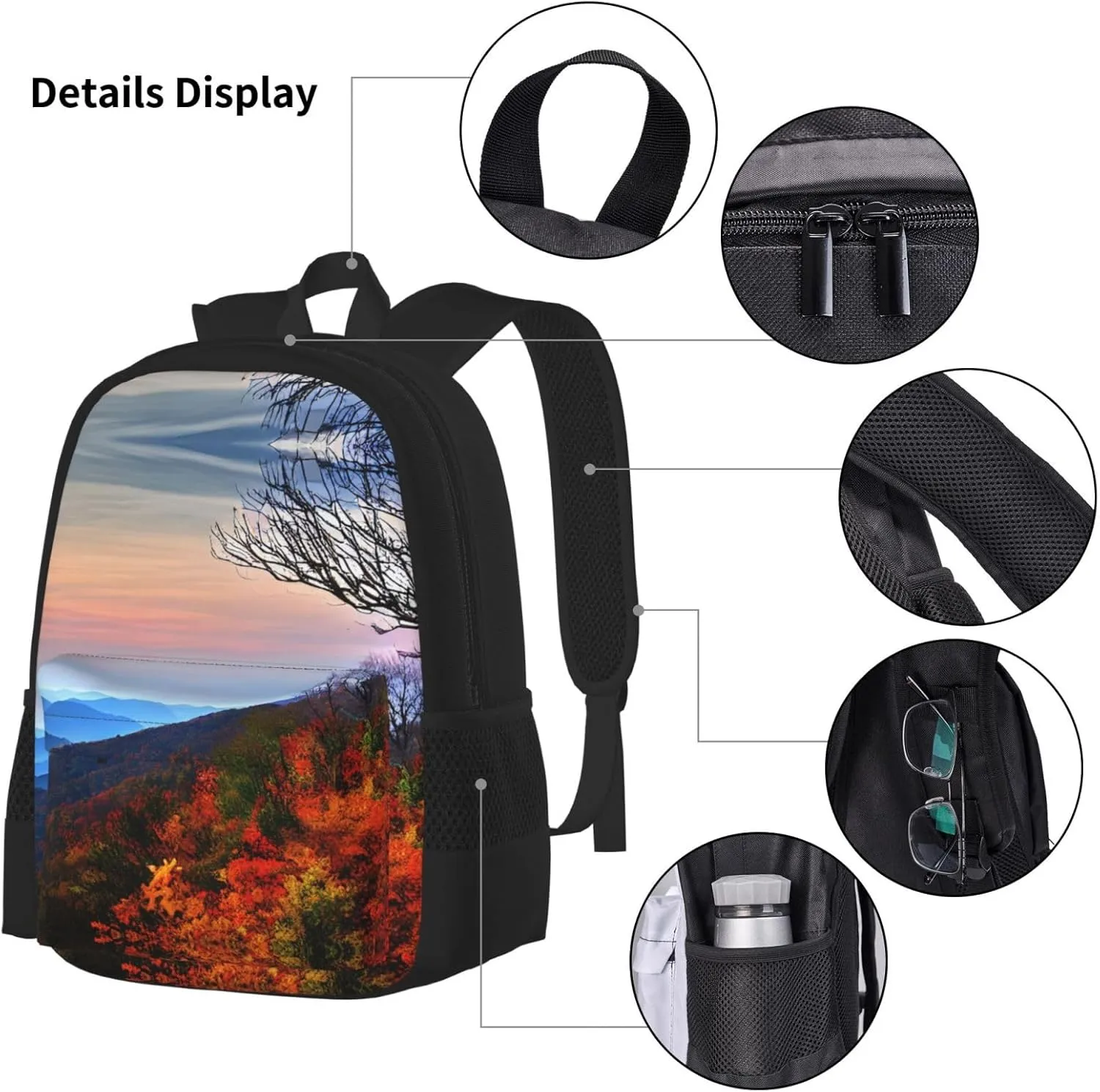 3-In-1 Backpack Bookbag Set,Blue Ridge Mountains Print Casual Travel Backpacks,With Pencil Case Pouch, Lunch Bag