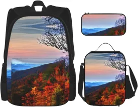 3-In-1 Backpack Bookbag Set,Blue Ridge Mountains Print Casual Travel Backpacks,With Pencil Case Pouch, Lunch Bag