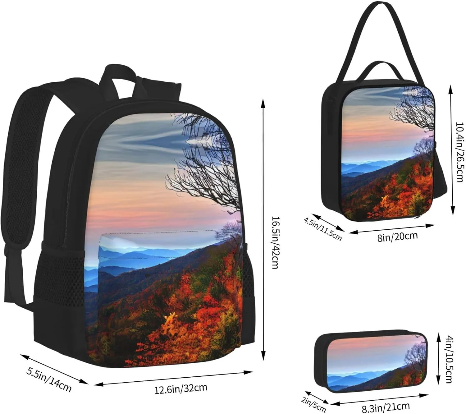 3-In-1 Backpack Bookbag Set,Blue Ridge Mountains Print Casual Travel Backpacks,With Pencil Case Pouch, Lunch Bag