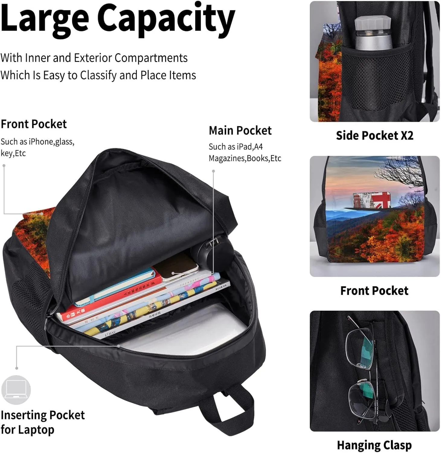 3-In-1 Backpack Bookbag Set,Blue Ridge Mountains Print Casual Travel Backpacks,With Pencil Case Pouch, Lunch Bag
