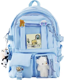 AoMoon Kawaii Backpack Lovely Pastel Rucksack for Teen Girls Aesthetic Student Bookbags with Kawaii Pin and Cute Accessories (Light Blue-C)