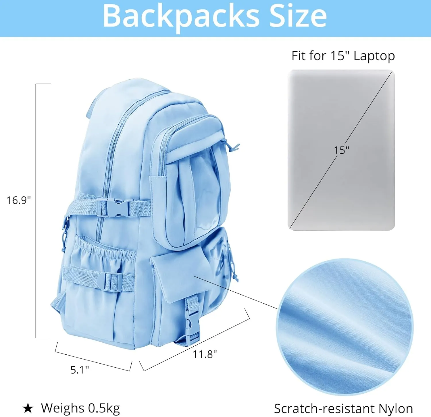 AoMoon Kawaii Backpack Lovely Pastel Rucksack for Teen Girls Aesthetic Student Bookbags with Kawaii Pin and Cute Accessories (Light Blue-C)