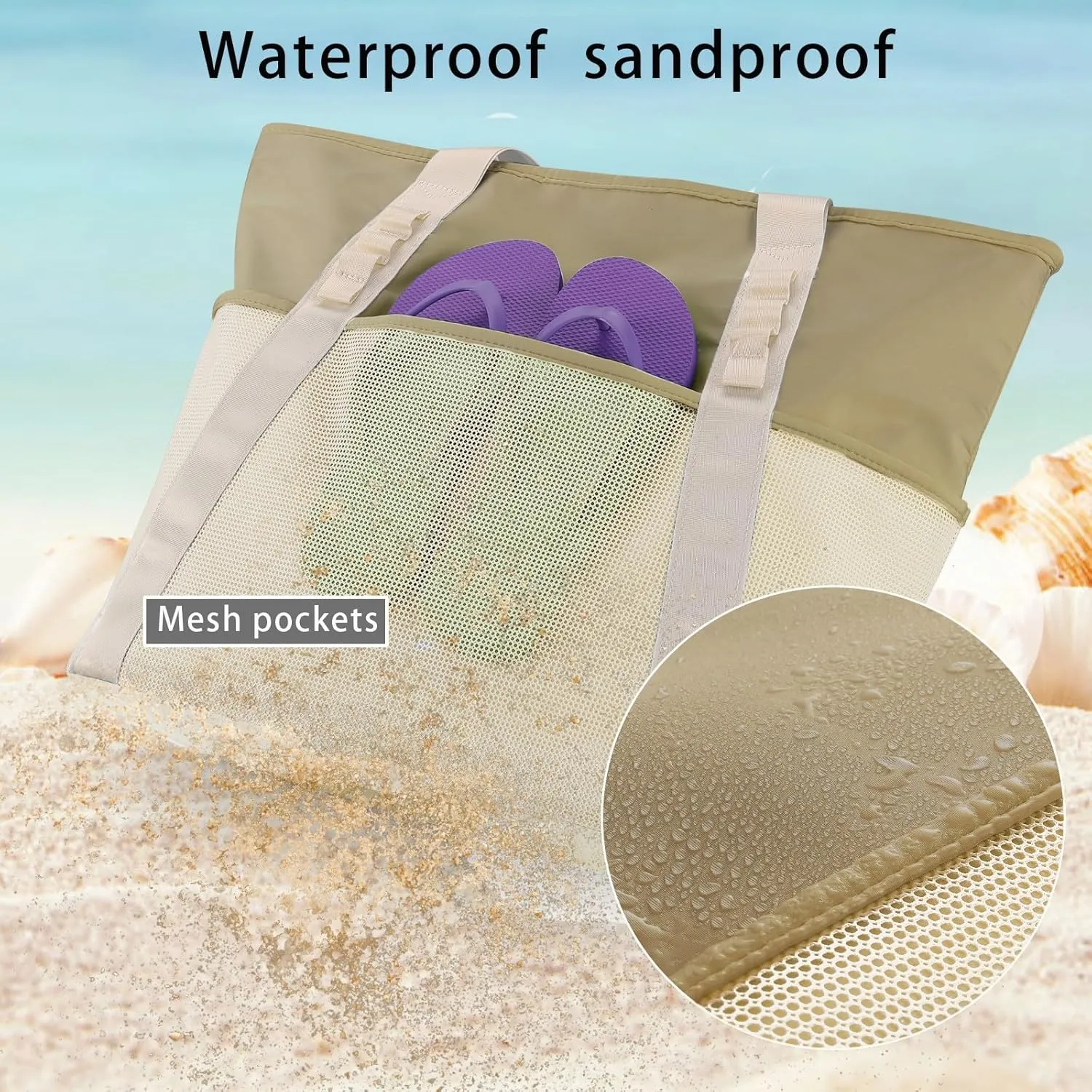 Beach Bags Pool Bags for Women, Waterproof Sandproof Beach Tote Bag with Zipper, Large Tote Bag for Gym Vacation Pool