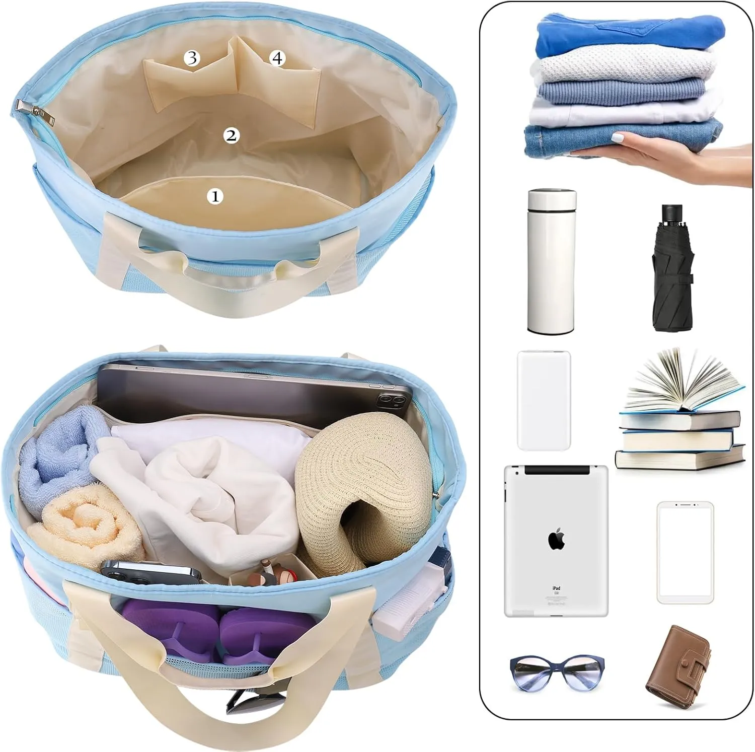 Beach Bags Pool Bags for Women, Waterproof Sandproof Beach Tote Bag with Zipper, Large Tote Bag for Gym Vacation Pool