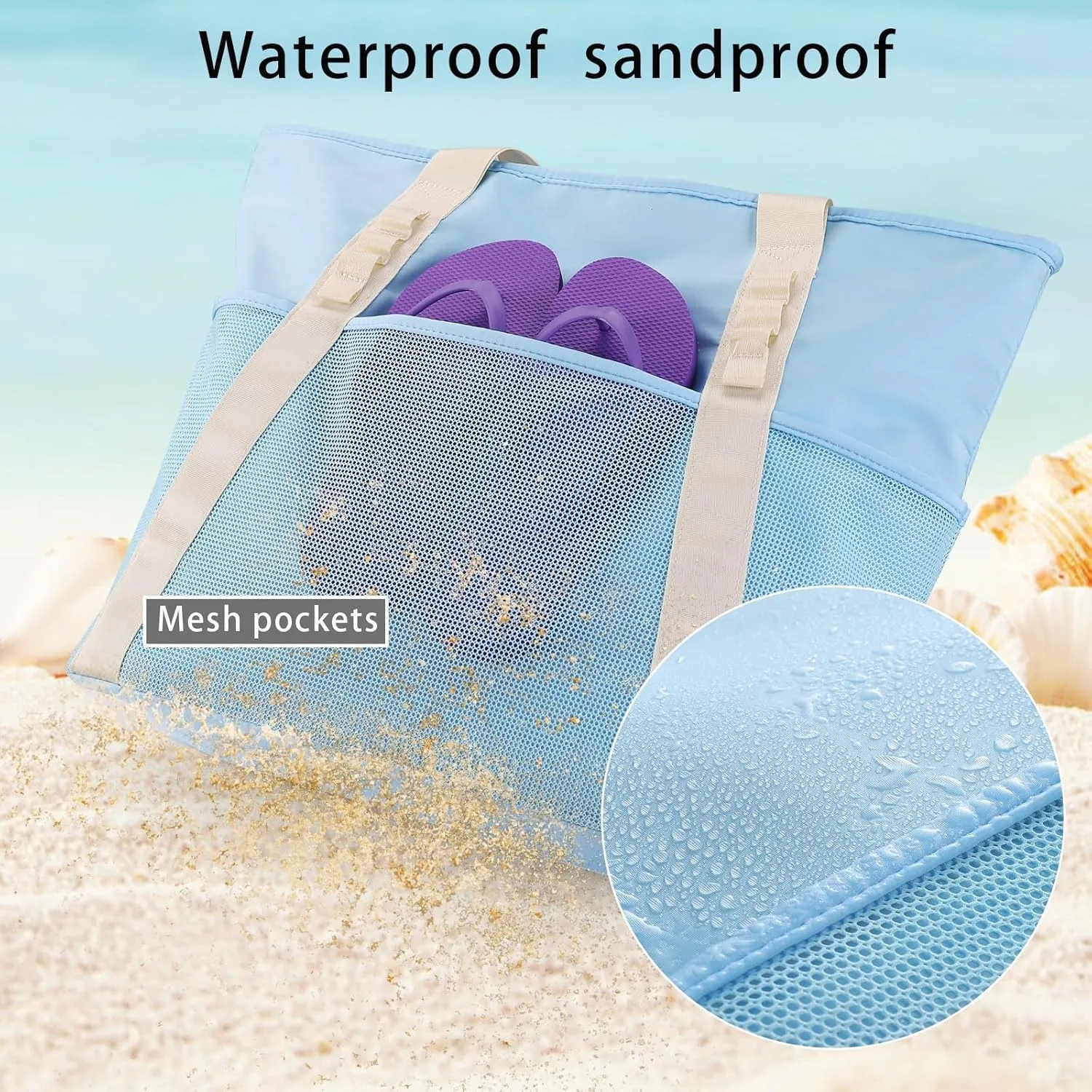 Beach Bags Pool Bags for Women, Waterproof Sandproof Beach Tote Bag with Zipper, Large Tote Bag for Gym Vacation Pool