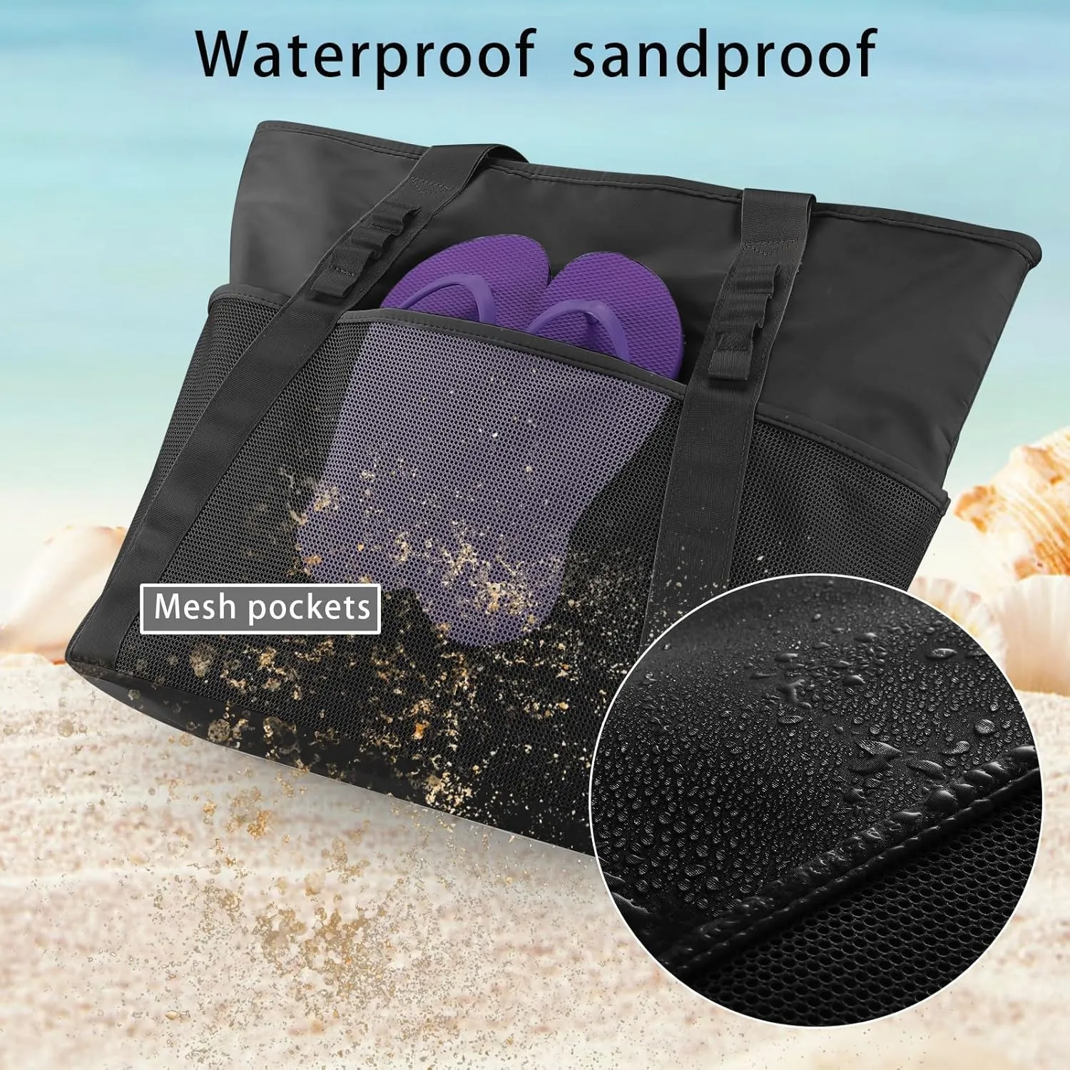 Beach Bags Pool Bags for Women, Waterproof Sandproof Beach Tote Bag with Zipper, Large Tote Bag for Gym Vacation Pool
