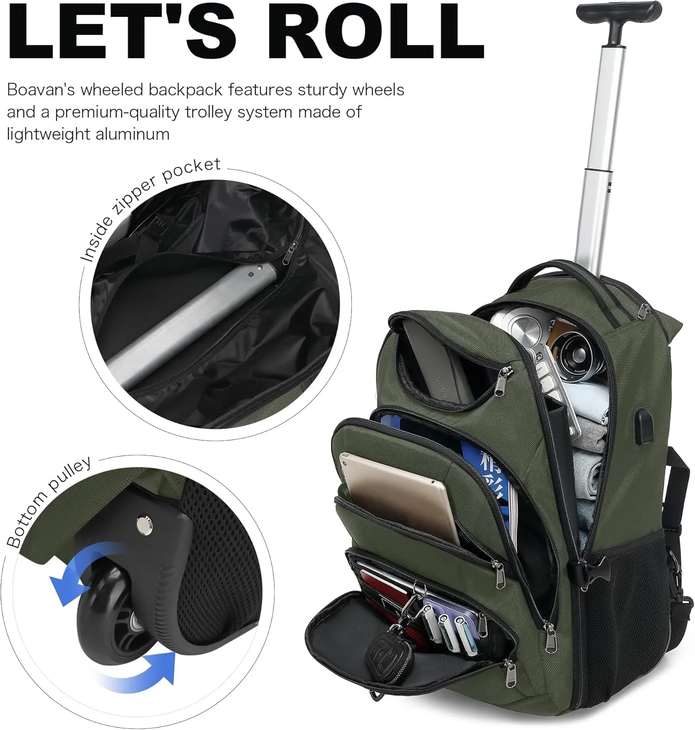 Boavan Rolling Backpack,17 inch Water Resistant Wheeled Backpack,Carry on Luggage Business Bag, Overnight College Computer Backpack Trolley Suitcase for Men Women Adults to TravelGreen
