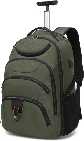 Boavan Rolling Backpack,17 inch Water Resistant Wheeled Backpack,Carry on Luggage Business Bag, Overnight College Computer Backpack Trolley Suitcase for Men Women Adults to TravelGreen