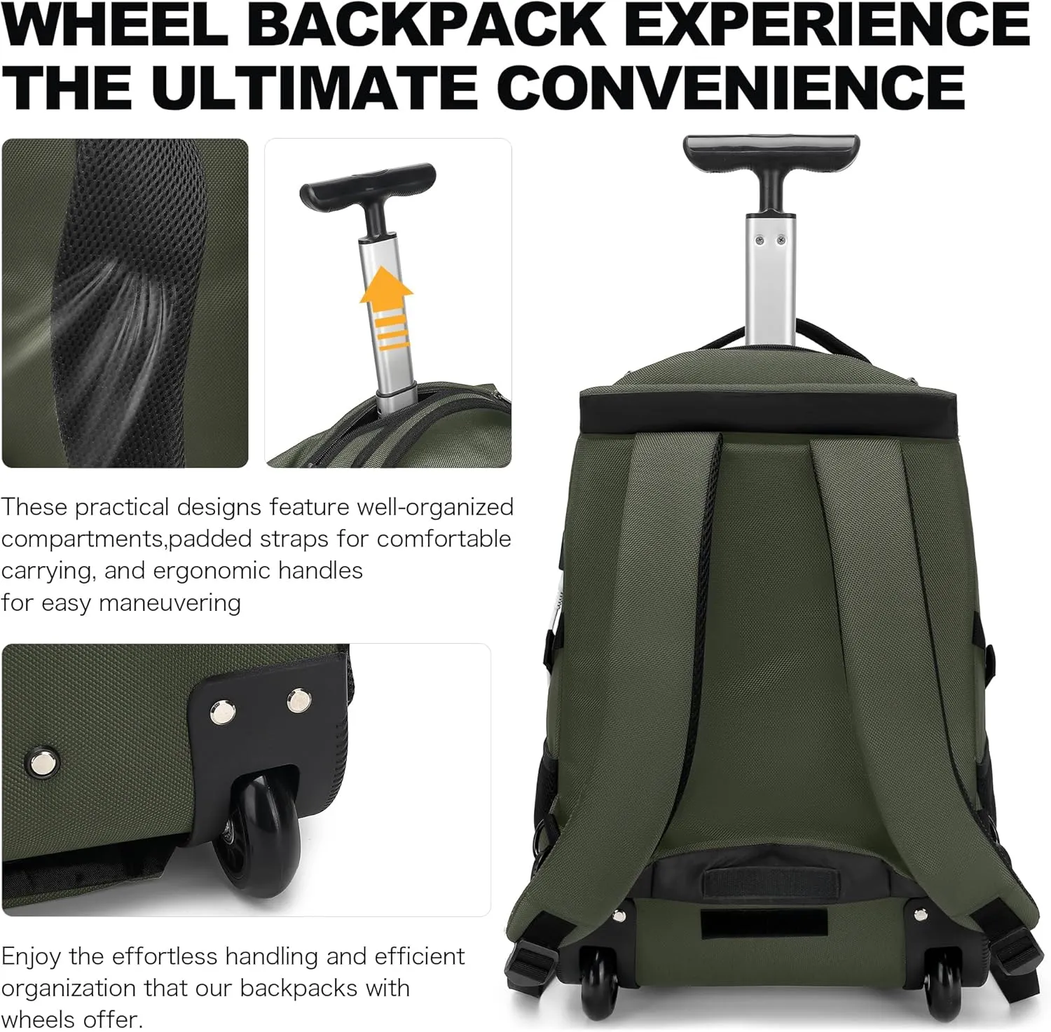 Boavan Rolling Backpack,17 inch Water Resistant Wheeled Backpack,Carry on Luggage Business Bag, Overnight College Computer Backpack Trolley Suitcase for Men Women Adults to TravelGreen