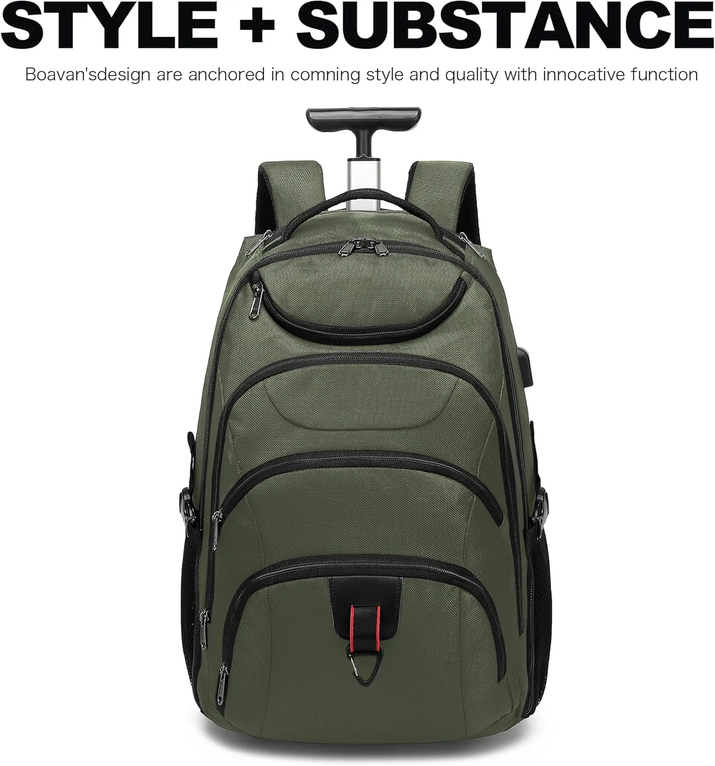 Boavan Rolling Backpack,17 inch Water Resistant Wheeled Backpack,Carry on Luggage Business Bag, Overnight College Computer Backpack Trolley Suitcase for Men Women Adults to TravelGreen