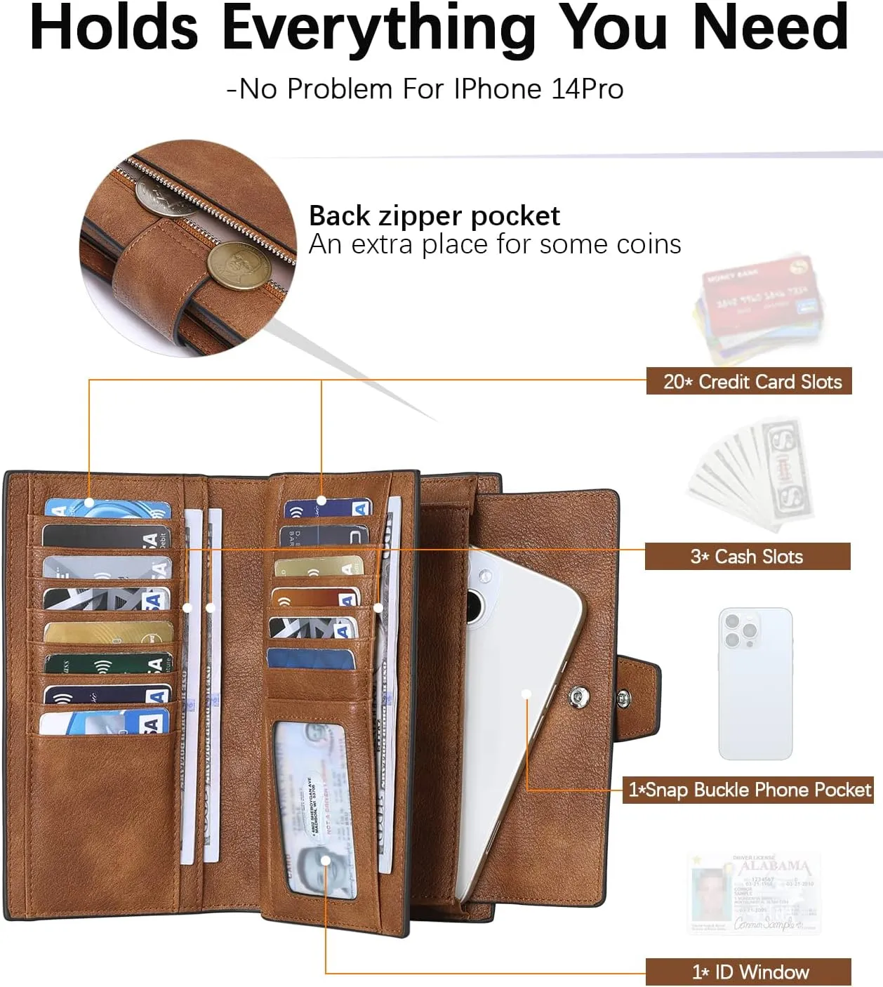 BOSTANTEN Womens Wallet Genuine Leather Wallets Large Capacity Cash Cluth Purses Two-tone Brown