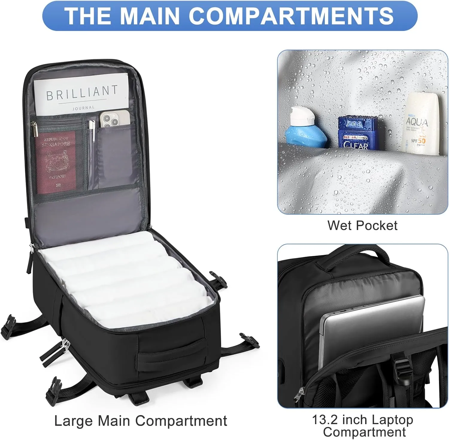 coofay Black Travel Backpack Carry on Flight Approved Mochila De Viaje Personal Item Backpack for Airlines Frontier Airlines Personal Item Bag Large Backpack for Travel Backpacks for Men Women