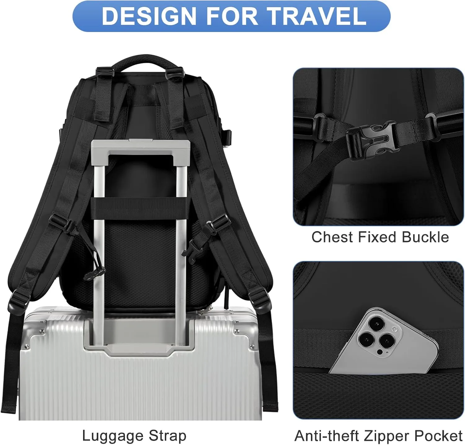 coofay Black Travel Backpack Carry on Flight Approved Mochila De Viaje Personal Item Backpack for Airlines Frontier Airlines Personal Item Bag Large Backpack for Travel Backpacks for Men Women