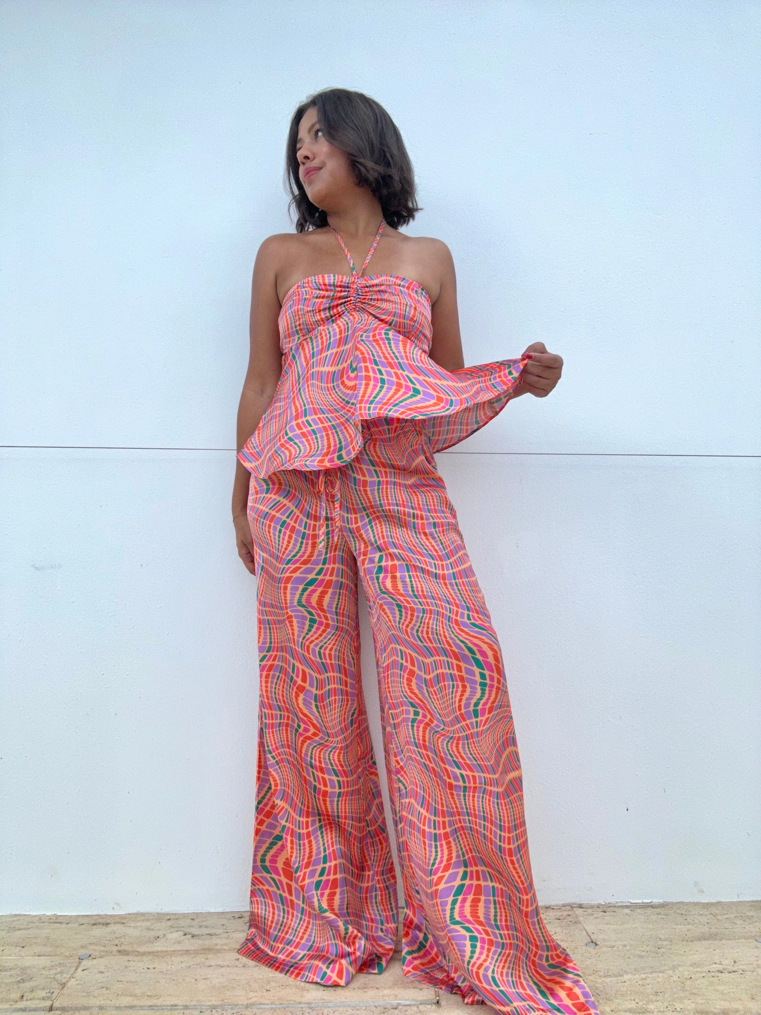 Disco Halter Flared Top and Wide Leg Pull On Pants Set