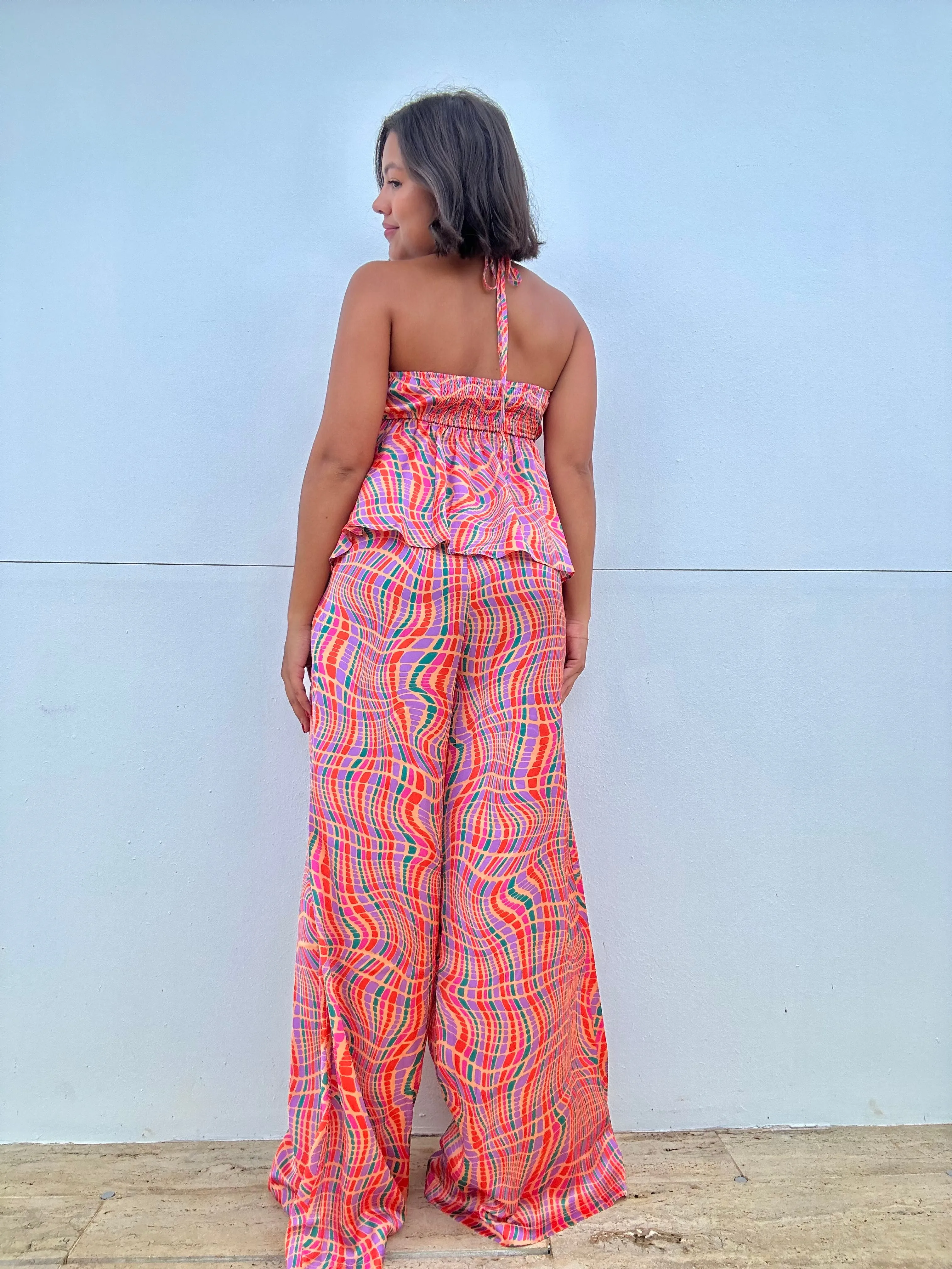Disco Halter Flared Top and Wide Leg Pull On Pants Set
