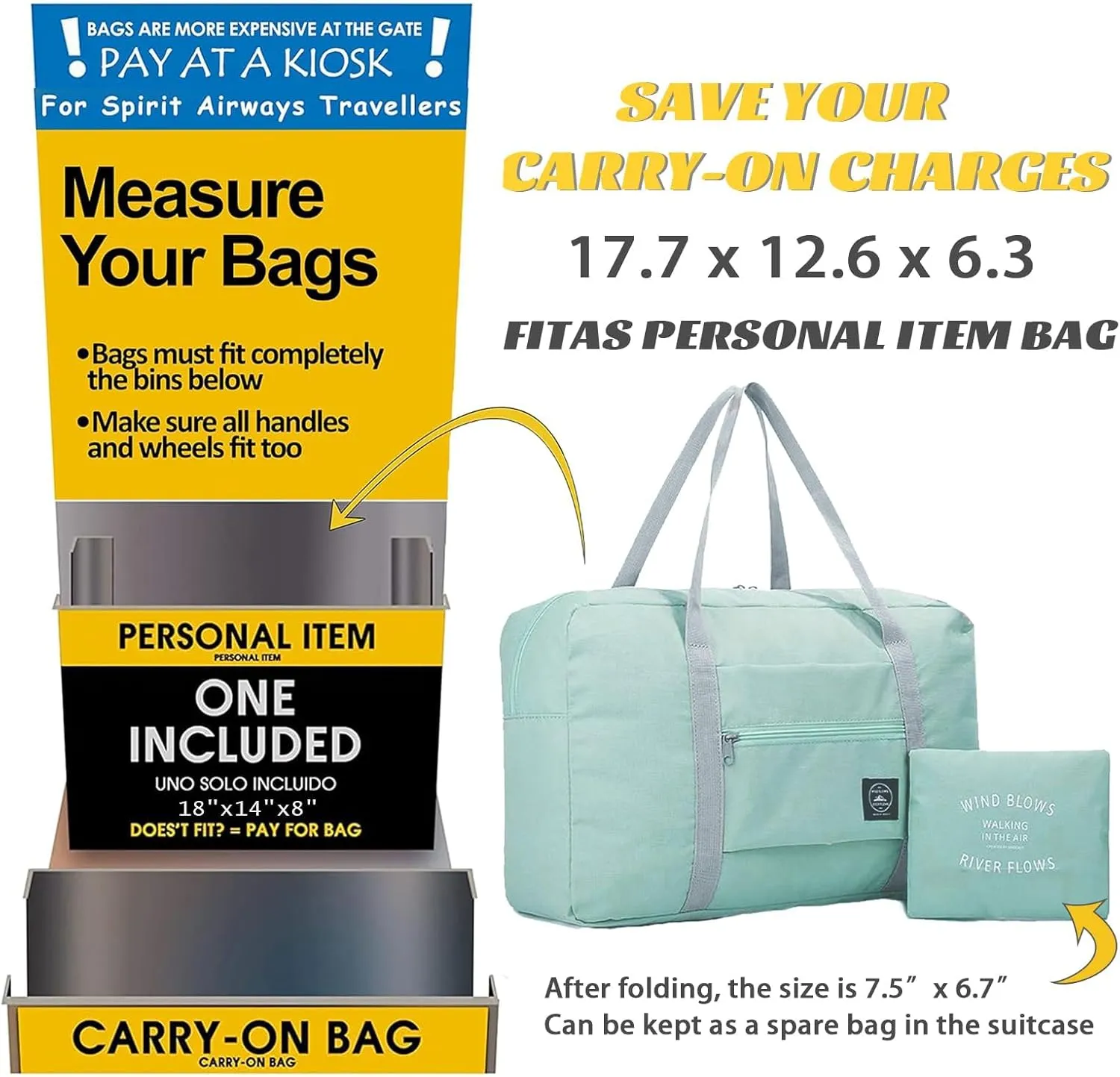 Foldable Travel Duffel Bag Tote Carry on Luggage Bag Spirit Airlines Personal item Sports Gym Bag Water Resistant Weekender Overnight Bags for Women and Men (Green)