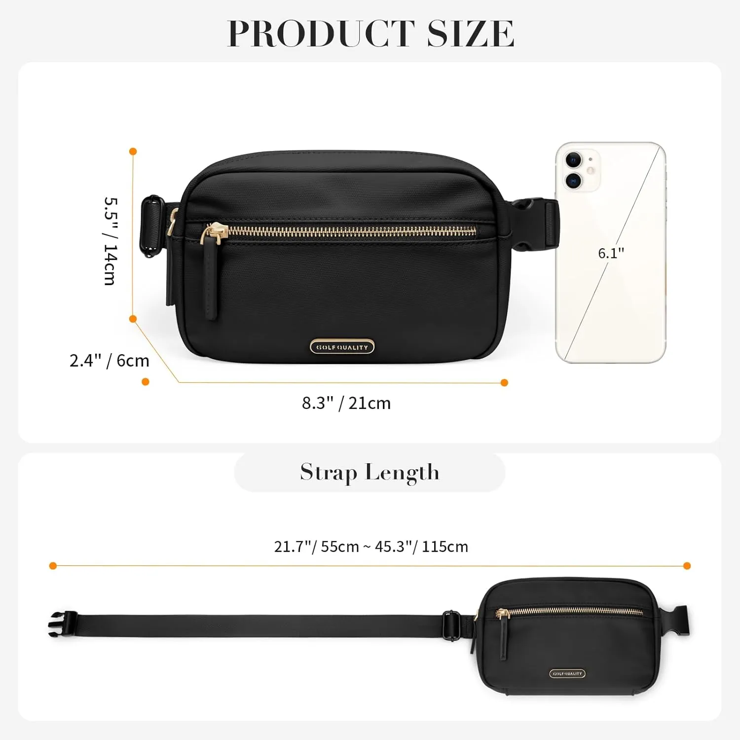 GOLF QUALTY Casual Fanny Pack Crossbody Bags for women & men, Adjustable Strap Water-resistant Belt Bag,Black