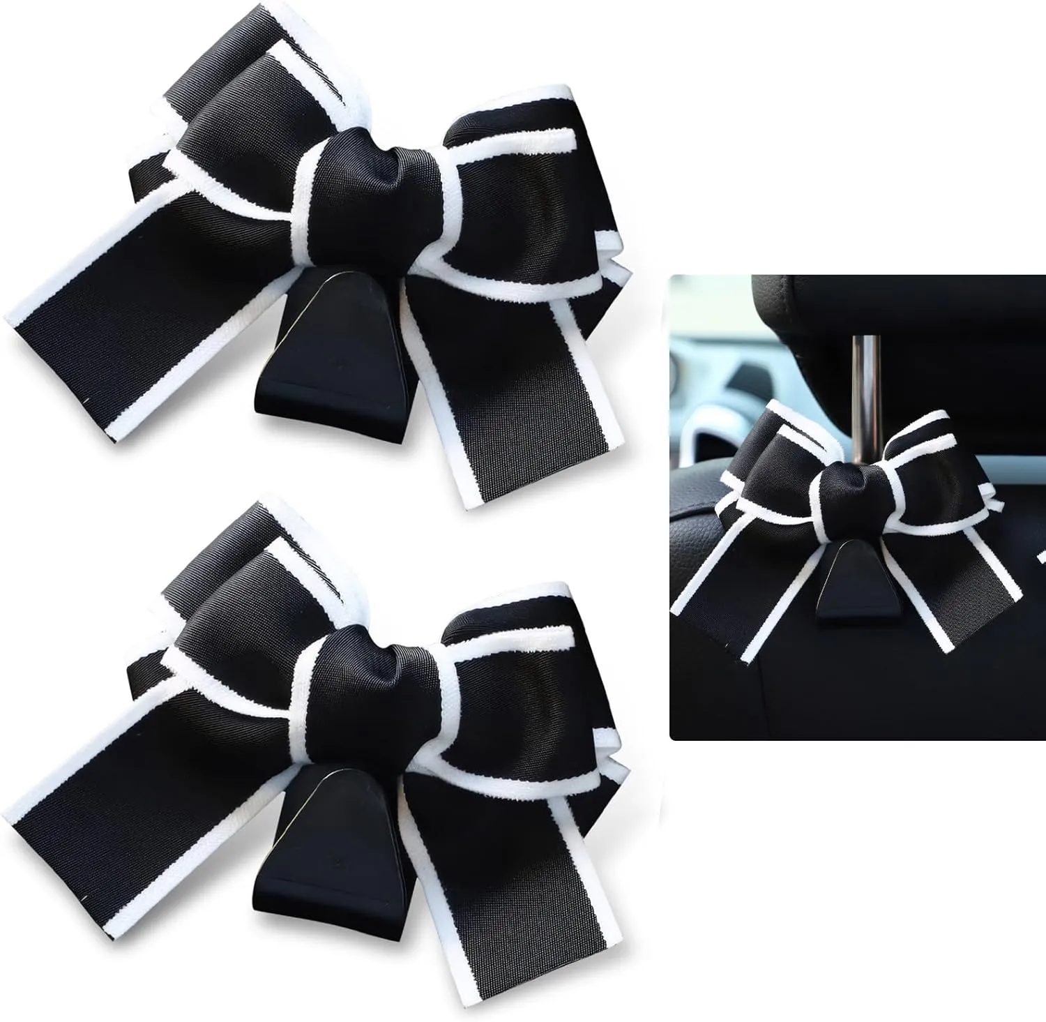 Headrest Hooks for Car, Cute Bow Car Seat Hooks for Headrest, Strong Load-Bearing Hanging Storage Accessory for Backpack Umbrella Grocery Bag Purses, for Most Cars Trucks (Black)