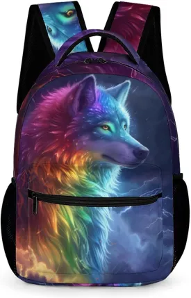 KOYI Wolf Backpack Colorful Rainbow Galaxy Wolf Backpack for Kids, Rainy Blue Lightning Backpack, Cool Wolf Animal Print Backpack, Elementary Boys Girls Travel Laptop Backpack, 16.5 Inch