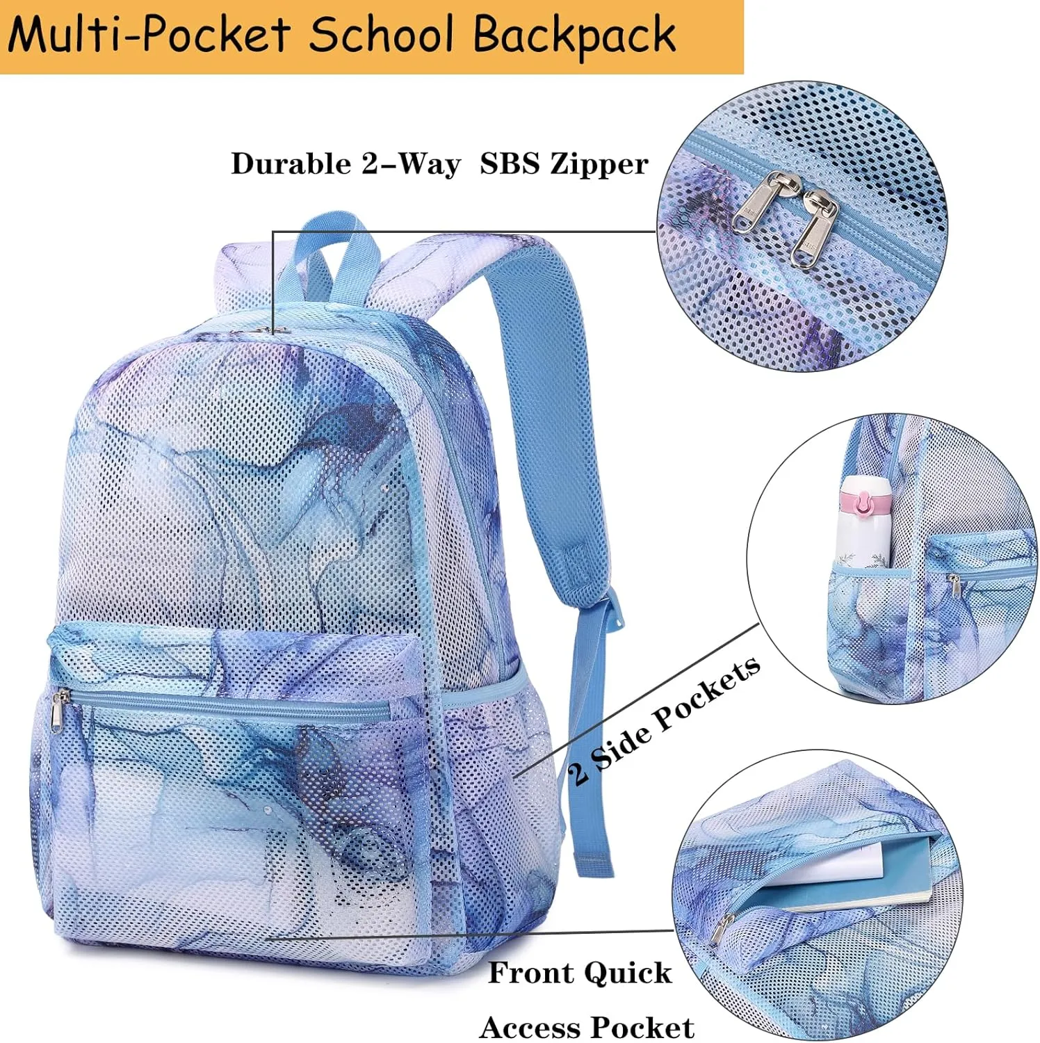 Mesh Backpack for Girls Semi-Transparent Mesh School Backpack for Teen Girls Lightweight Mesh Bookbags with Large Makeup Bag/Pencil Bag