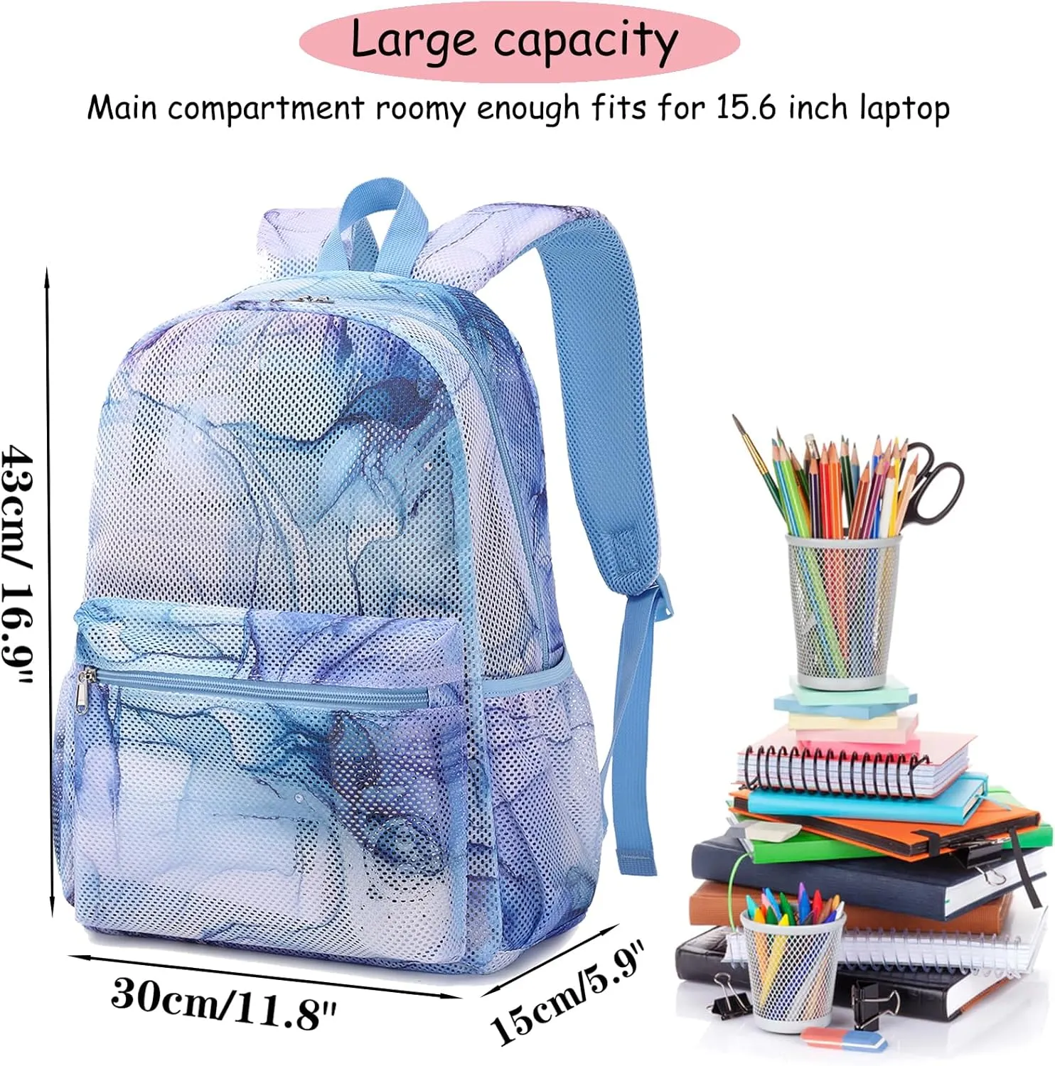 Mesh Backpack for Girls Semi-Transparent Mesh School Backpack for Teen Girls Lightweight Mesh Bookbags with Large Makeup Bag/Pencil Bag