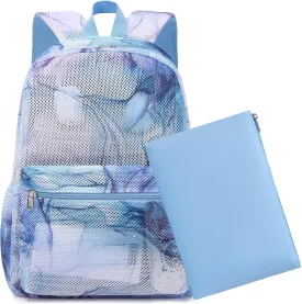 Mesh Backpack for Girls Semi-Transparent Mesh School Backpack for Teen Girls Lightweight Mesh Bookbags with Large Makeup Bag/Pencil Bag