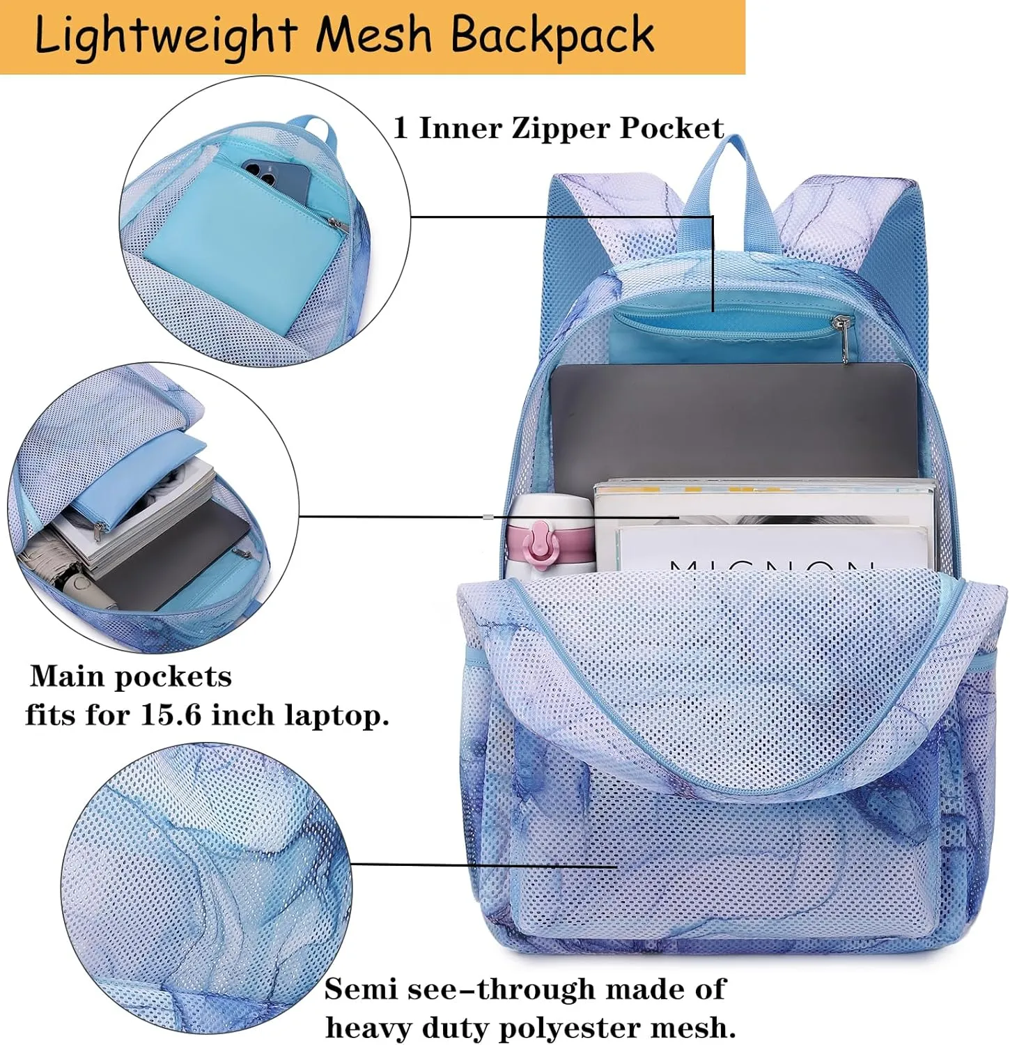 Mesh Backpack for Girls Semi-Transparent Mesh School Backpack for Teen Girls Lightweight Mesh Bookbags with Large Makeup Bag/Pencil Bag