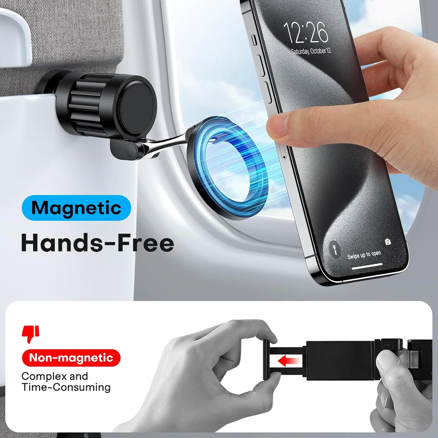 OMOTON 360Rotating Magnetic Airplane Phone Holder Mount, for Magsafe Airplane Travel Essentials Accessories, Adjustable Foldable Universal Handsfree Phone Stand for iPhone 16 15 14 Pro Max