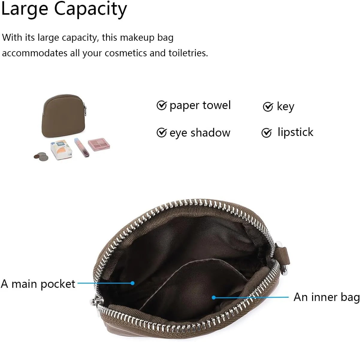 Organizer Bag Makeup Bag for Purse Travel Toiletry Pouch Zipper Pouch for Purse Small Makeup Pouch with Pockets Wristband design (black-nylon)