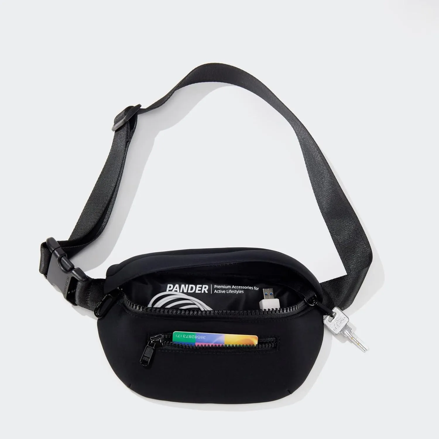 Pander Neoprene Fanny Pack 3 Pockets Waist Bag for Men & Women Fashion Water Resistant Hip Bum Bag with Adjustable Belt for Running Travel Hiking Workout Sports (Black, One Size)