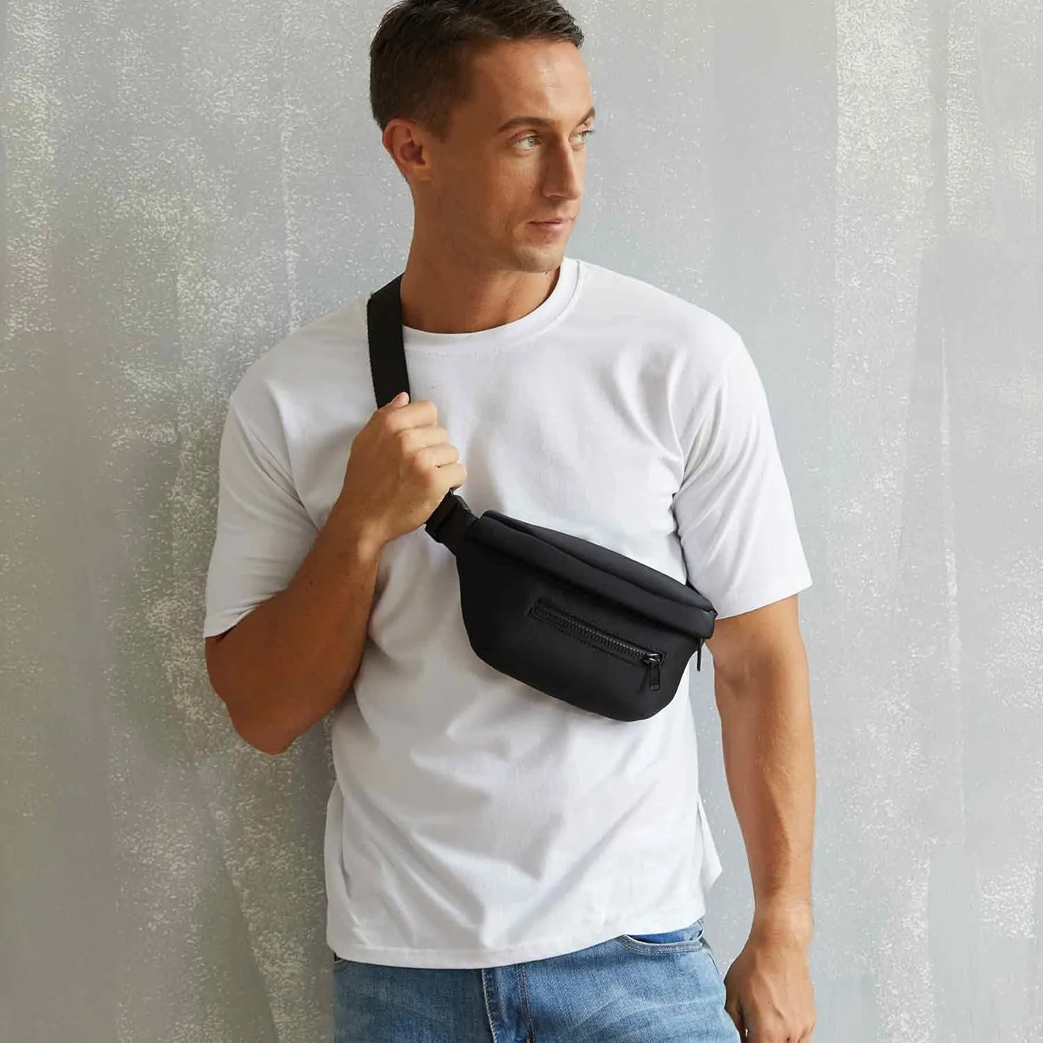 Pander Neoprene Fanny Pack 3 Pockets Waist Bag for Men & Women Fashion Water Resistant Hip Bum Bag with Adjustable Belt for Running Travel Hiking Workout Sports (Black, One Size)