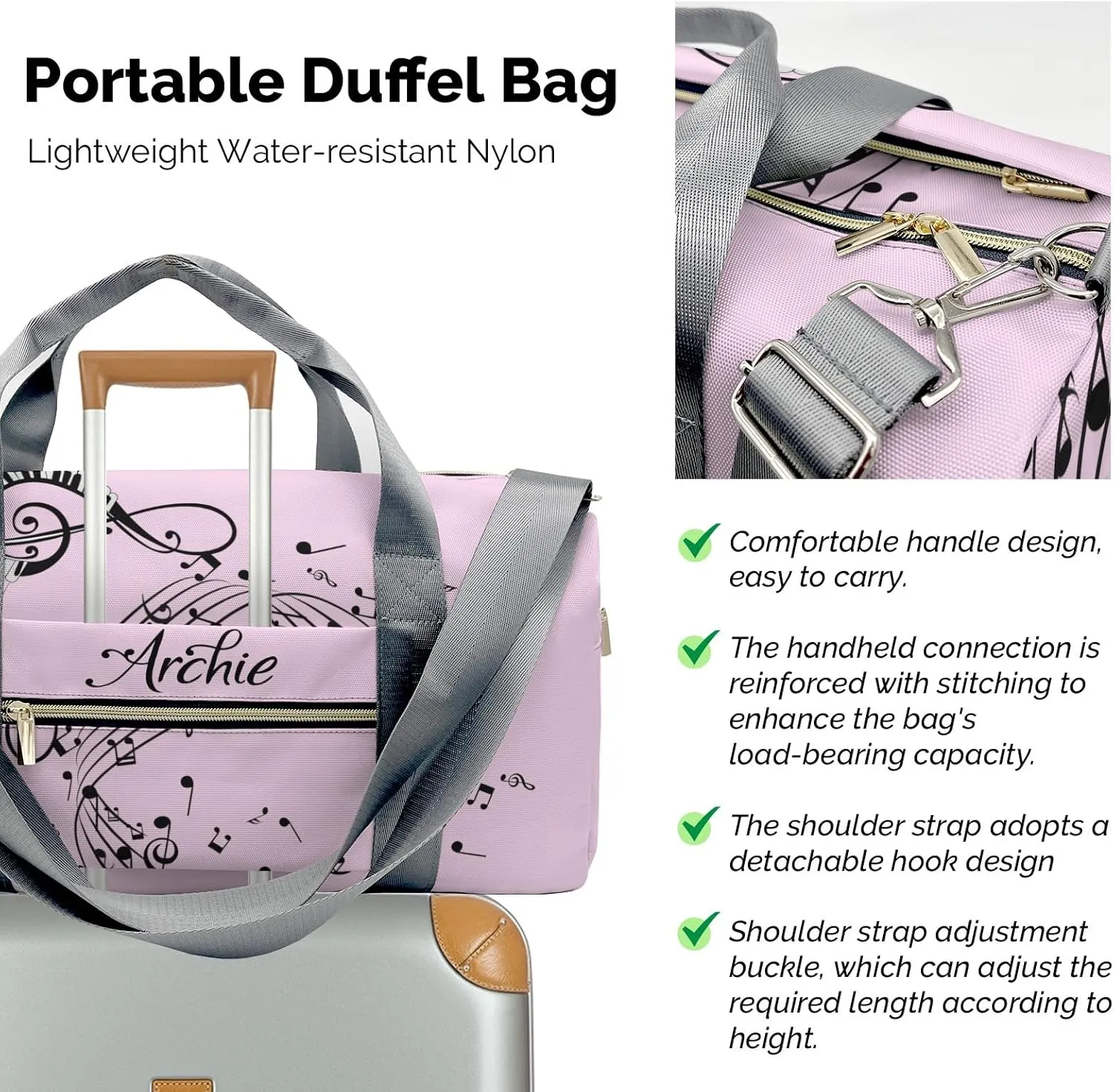 Personalized Duffel Bag Abstract Music Notes Pink Customized Multi-Function Travel Bag Gym Sports Bag Dance Bag Women Men Carry On Weekend Bags