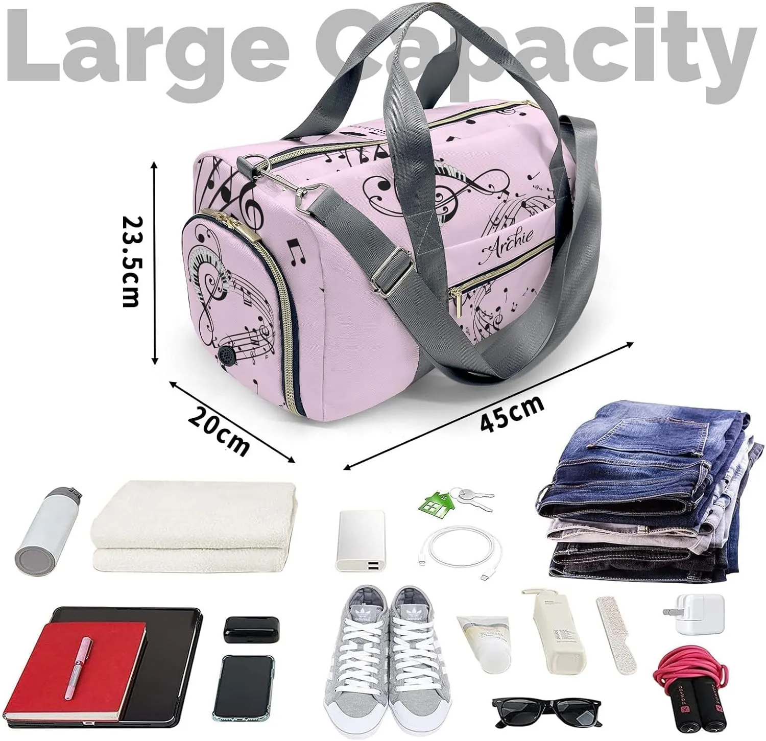 Personalized Duffel Bag Abstract Music Notes Pink Customized Multi-Function Travel Bag Gym Sports Bag Dance Bag Women Men Carry On Weekend Bags