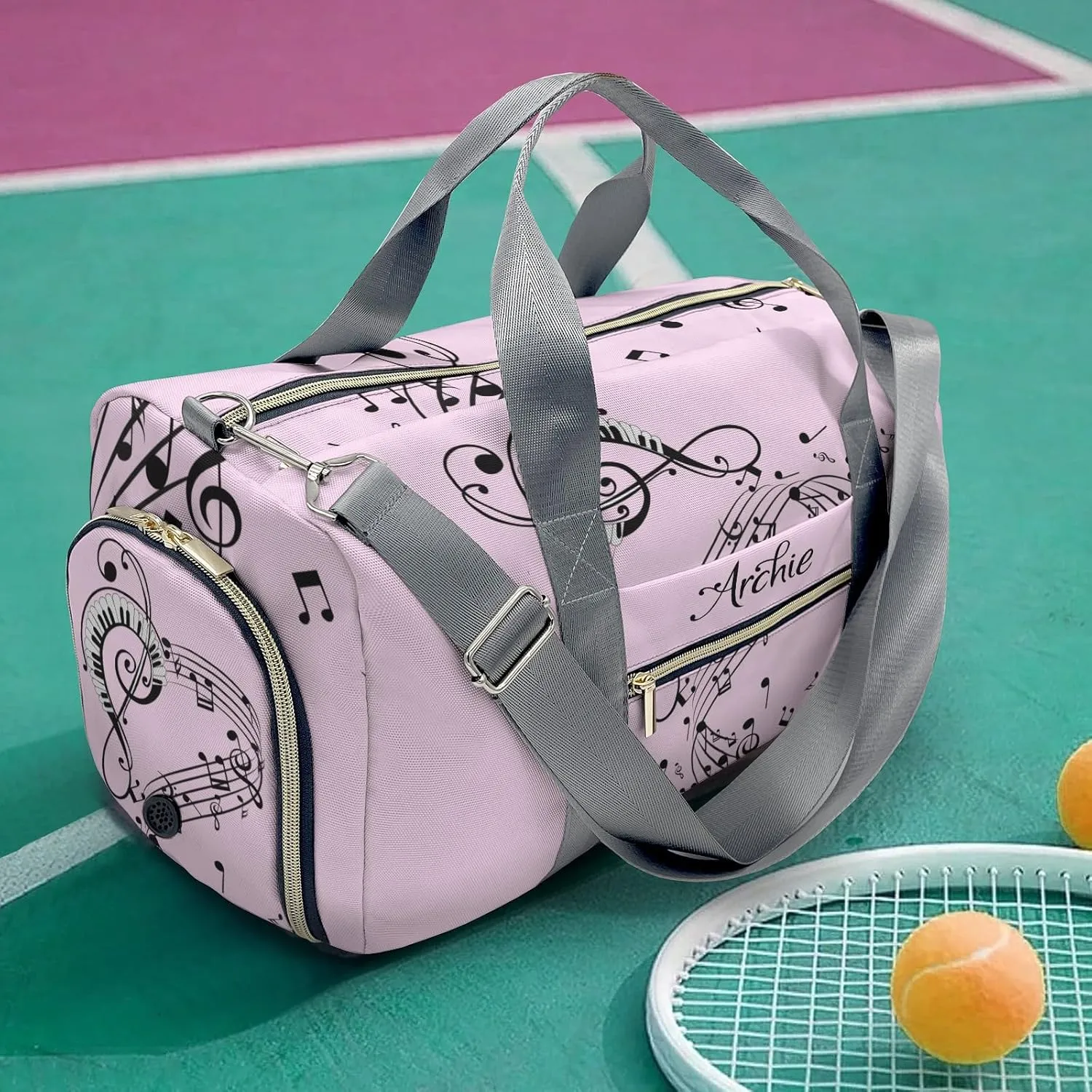 Personalized Duffel Bag Abstract Music Notes Pink Customized Multi-Function Travel Bag Gym Sports Bag Dance Bag Women Men Carry On Weekend Bags