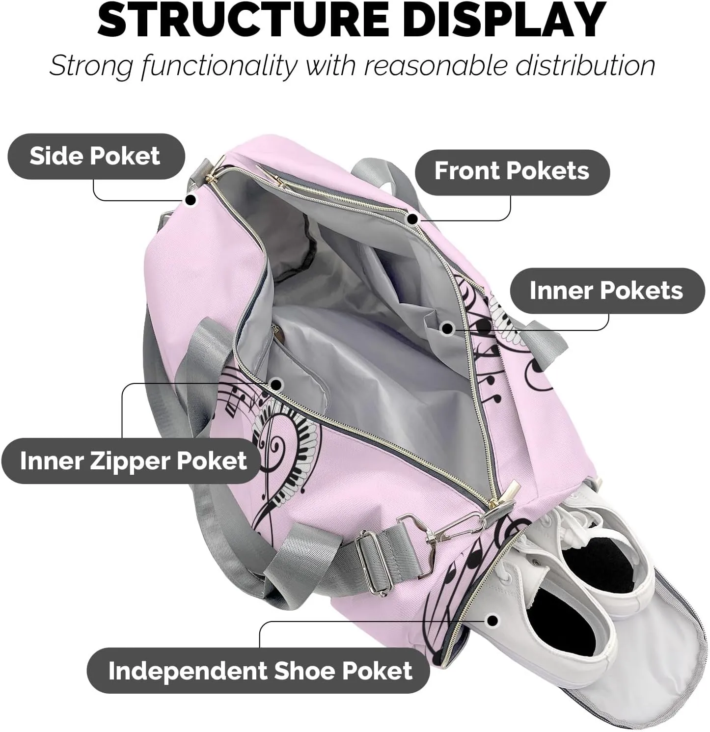 Personalized Duffel Bag Abstract Music Notes Pink Customized Multi-Function Travel Bag Gym Sports Bag Dance Bag Women Men Carry On Weekend Bags