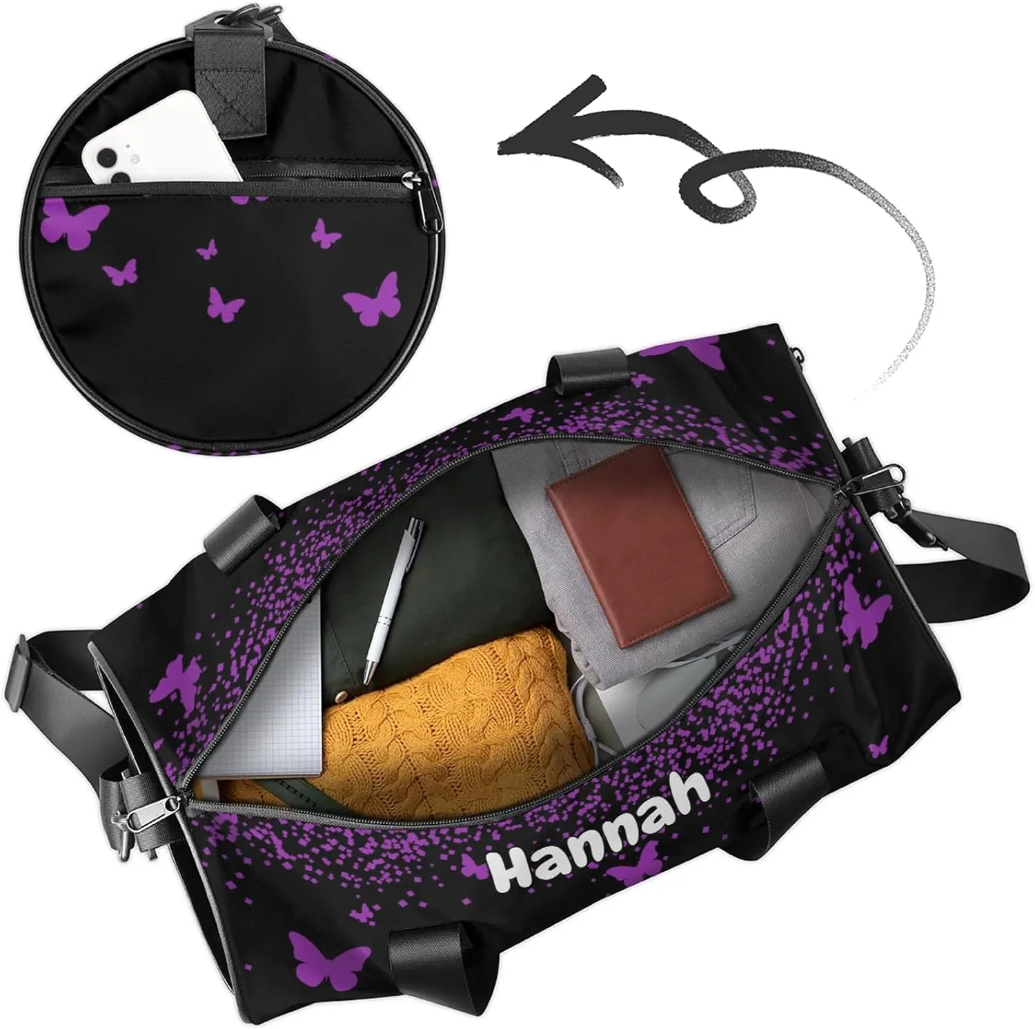 Personalized Duffel Bag with Name Butterfly Custom Travel Sports Bag for Women Men Round Waterproof Dance Ballet Bag Lightweight 17.6in, Dark Purple