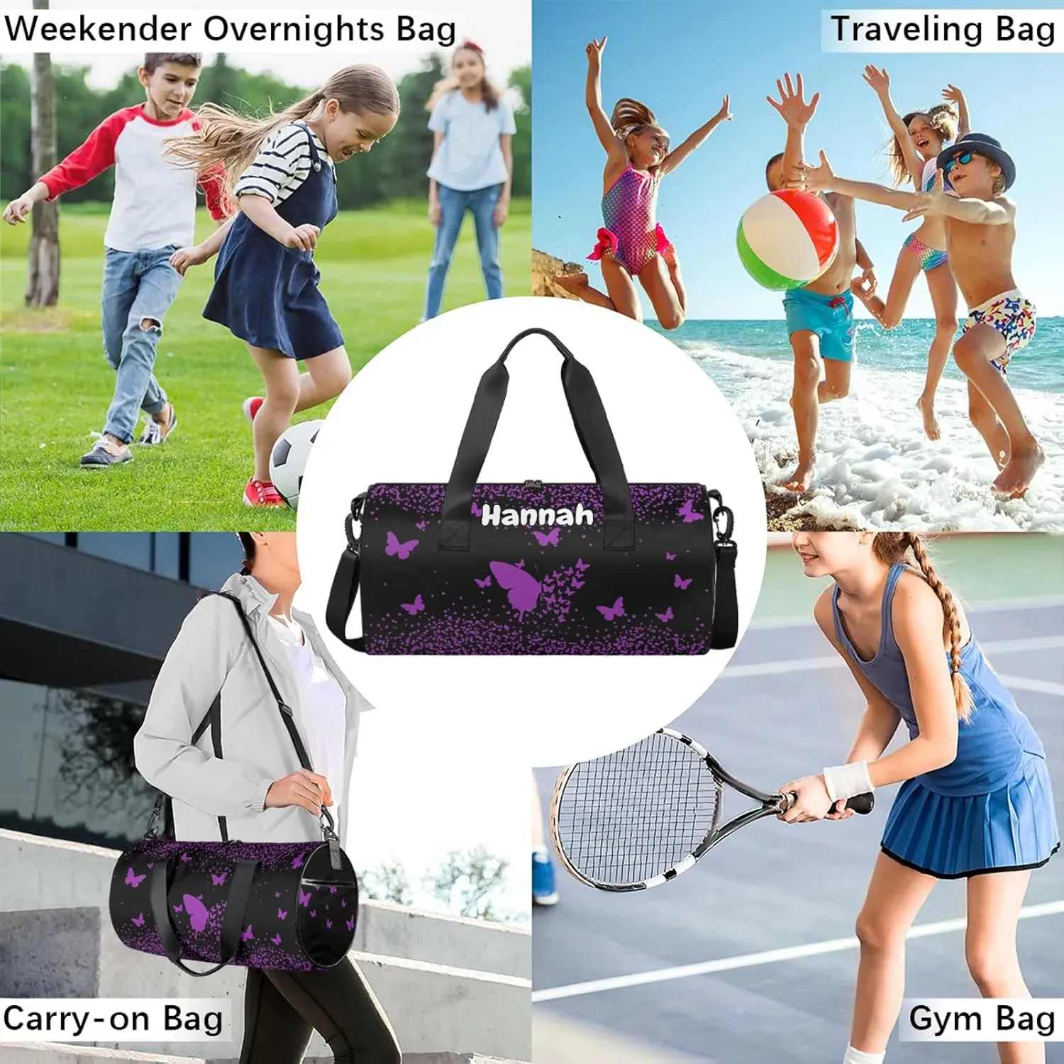 Personalized Duffel Bag with Name Butterfly Custom Travel Sports Bag for Women Men Round Waterproof Dance Ballet Bag Lightweight 17.6in, Dark Purple