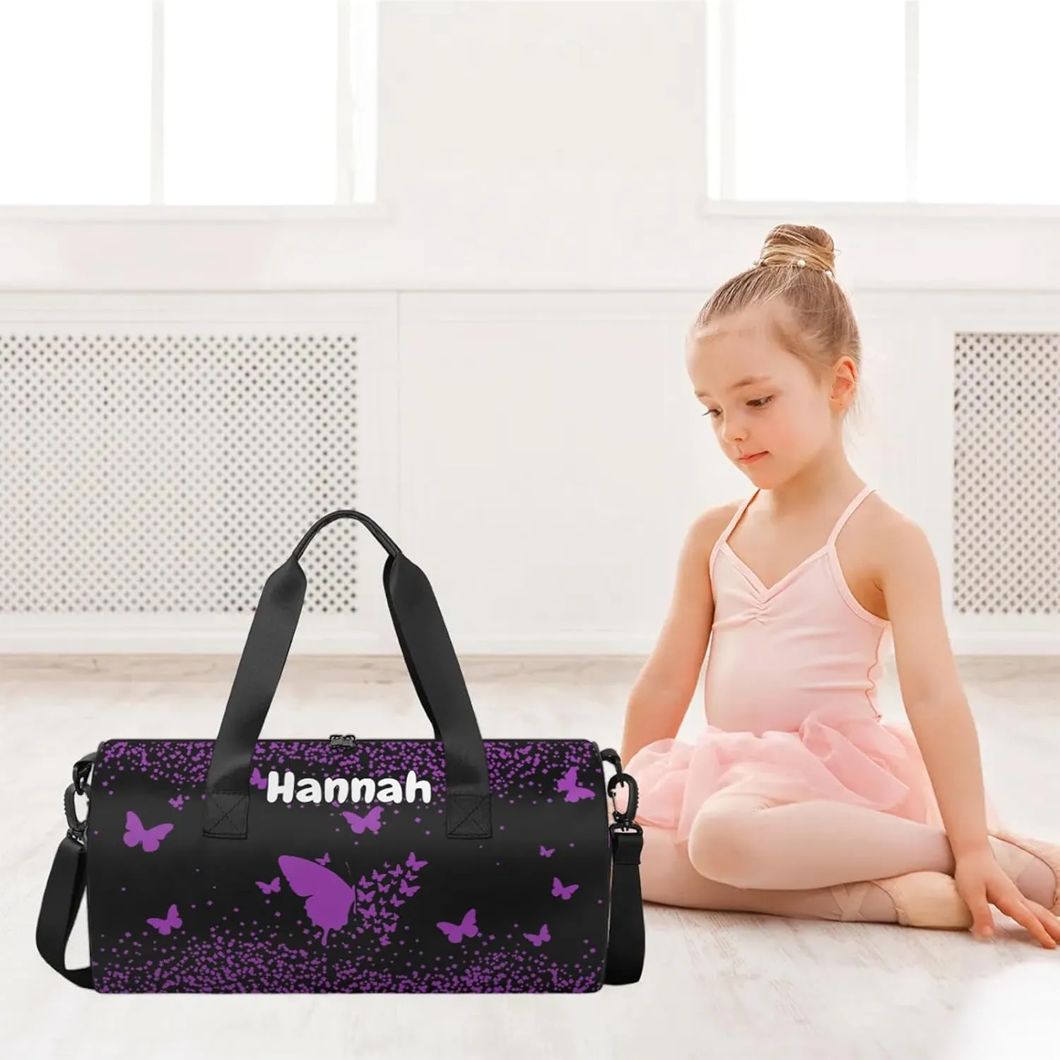 Personalized Duffel Bag with Name Butterfly Custom Travel Sports Bag for Women Men Round Waterproof Dance Ballet Bag Lightweight 17.6in, Dark Purple