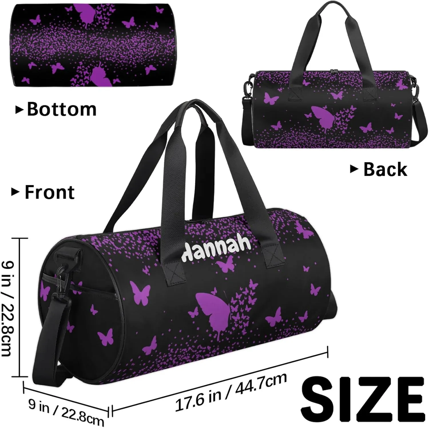 Personalized Duffel Bag with Name Butterfly Custom Travel Sports Bag for Women Men Round Waterproof Dance Ballet Bag Lightweight 17.6in, Dark Purple