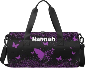 Personalized Duffel Bag with Name Butterfly Custom Travel Sports Bag for Women Men Round Waterproof Dance Ballet Bag Lightweight 17.6in, Dark Purple