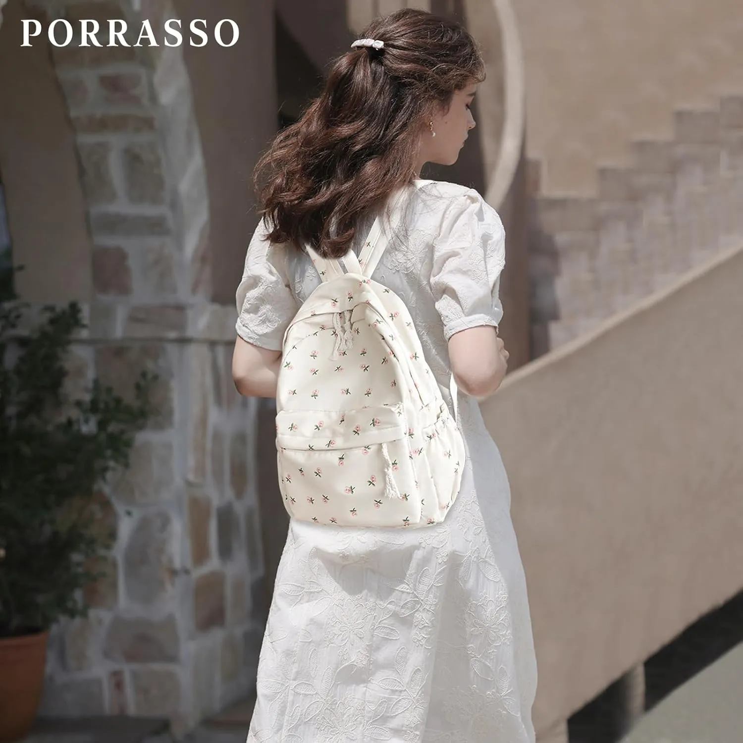 PORRASSO Backpack Casual Daypack Women Lightweight Rucksack Large Nylon Bookbag for Daily Use White A