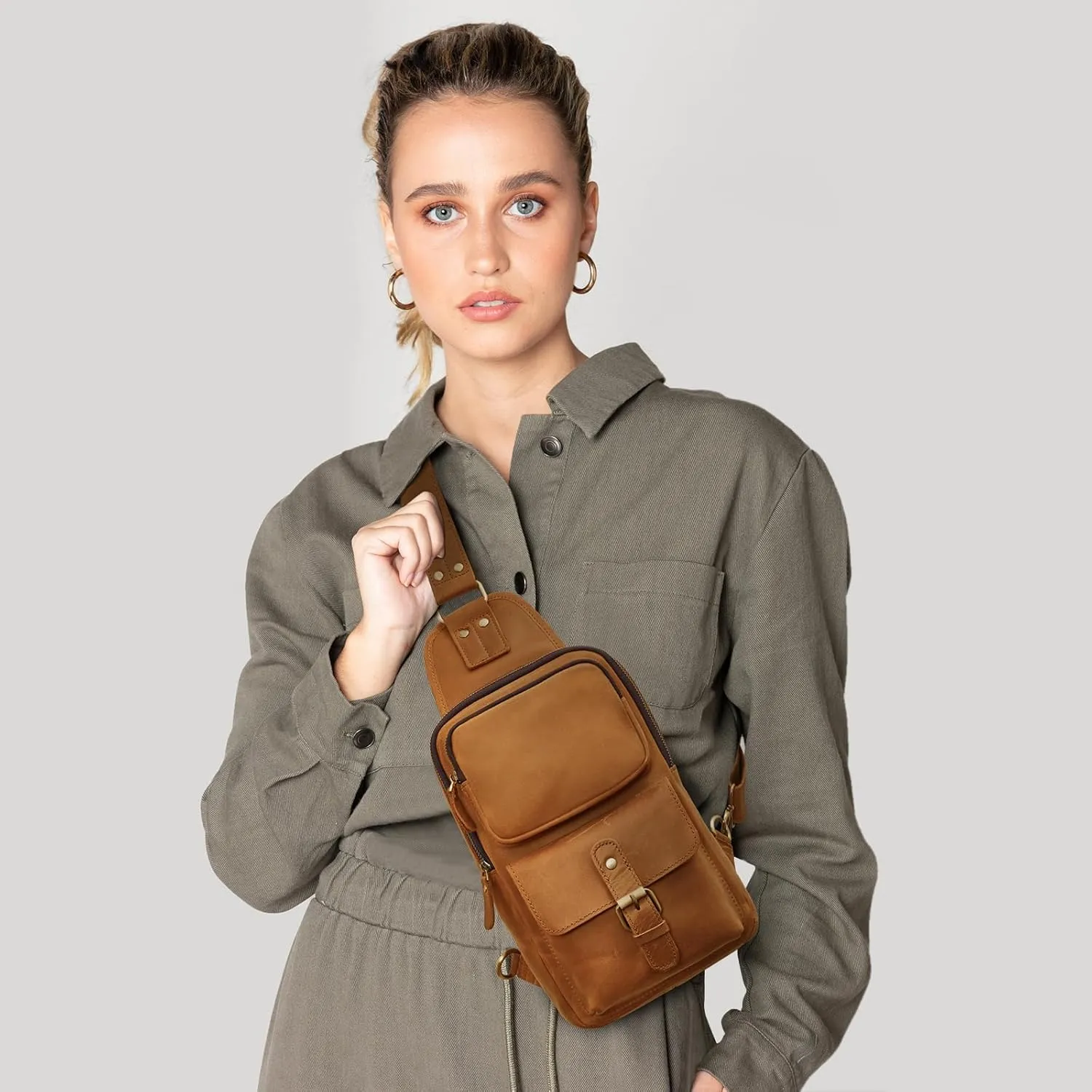 Prospo Sling Bag Men Women Vintage Genuine Leather Shoulder Backpack Chest Casual Daypack Crossbody Outdoor Thick Full Grain (Light Brown)
