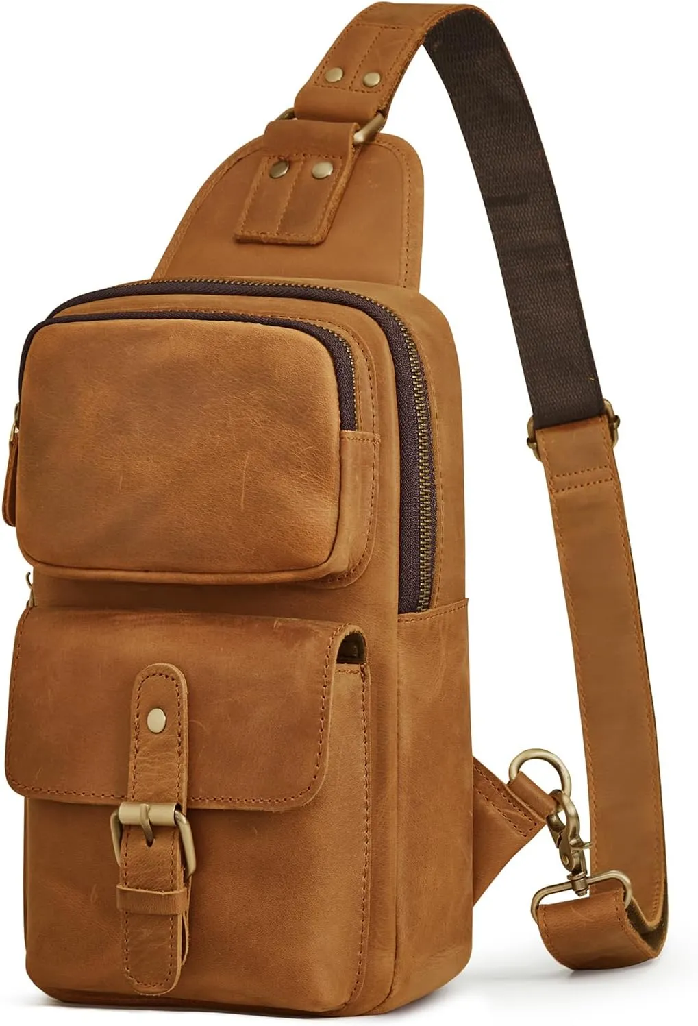 Prospo Sling Bag Men Women Vintage Genuine Leather Shoulder Backpack Chest Casual Daypack Crossbody Outdoor Thick Full Grain (Light Brown)