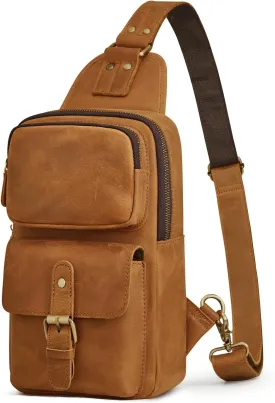 Prospo Sling Bag Men Women Vintage Genuine Leather Shoulder Backpack Chest Casual Daypack Crossbody Outdoor Thick Full Grain (Light Brown)